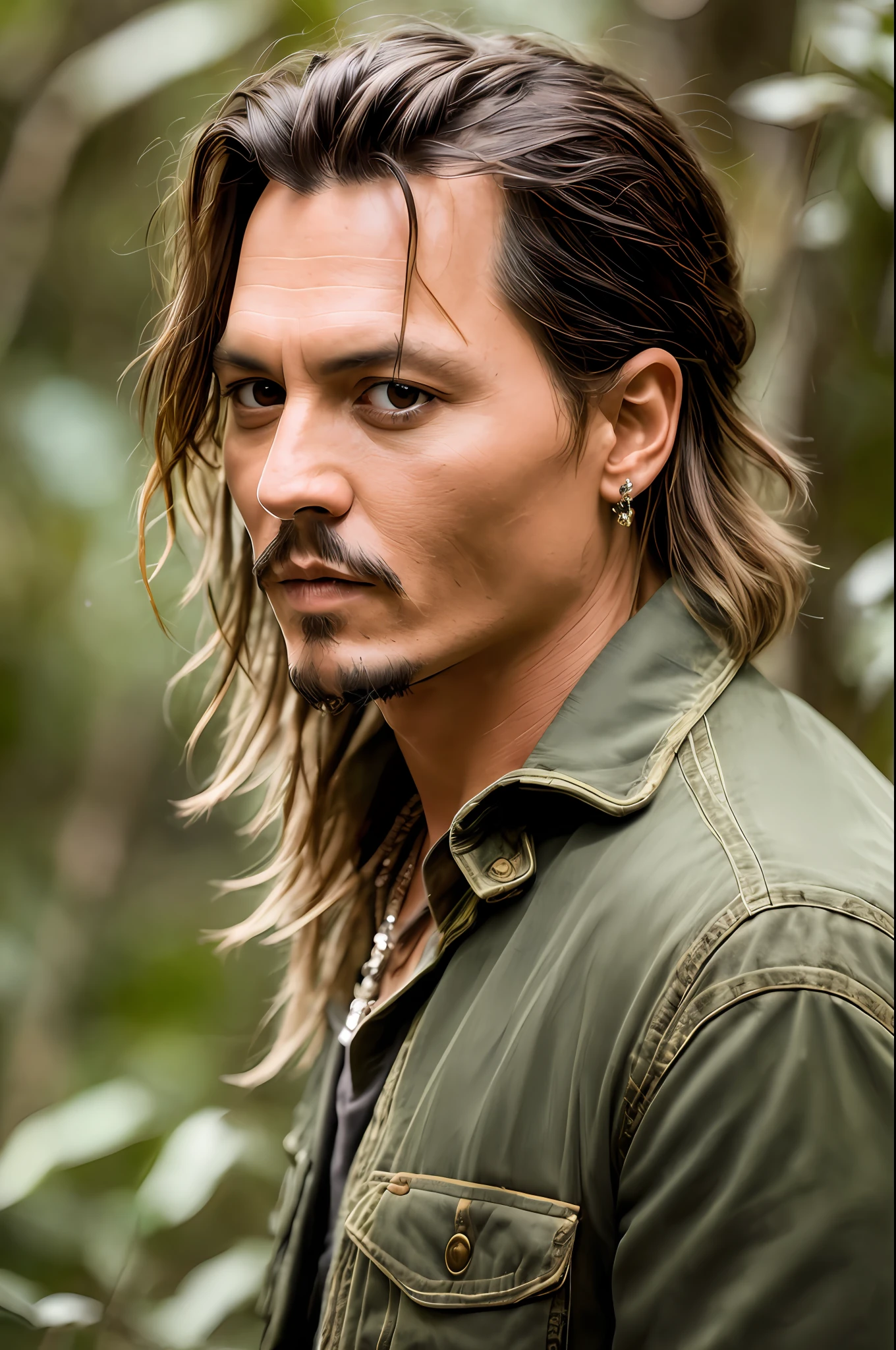 Masterpiece, Johnny Depp Walks Through the Jungle (Night of Fireflies), (High Detail: 1 1), Rough Face, Natural Skin, High Quality, NSFW, Beautiful Eyes, (Detailed Face and Eyes), (Face :1 2), noise, extra, real photo, PSD, light film photography, sharp focus, contrast lighting, detailed skin, high resolution 8k, crazy detail, realistic, professional photography, 8k UHD, DSLR, soft light , high quality, film grain, Fujifilm XT3