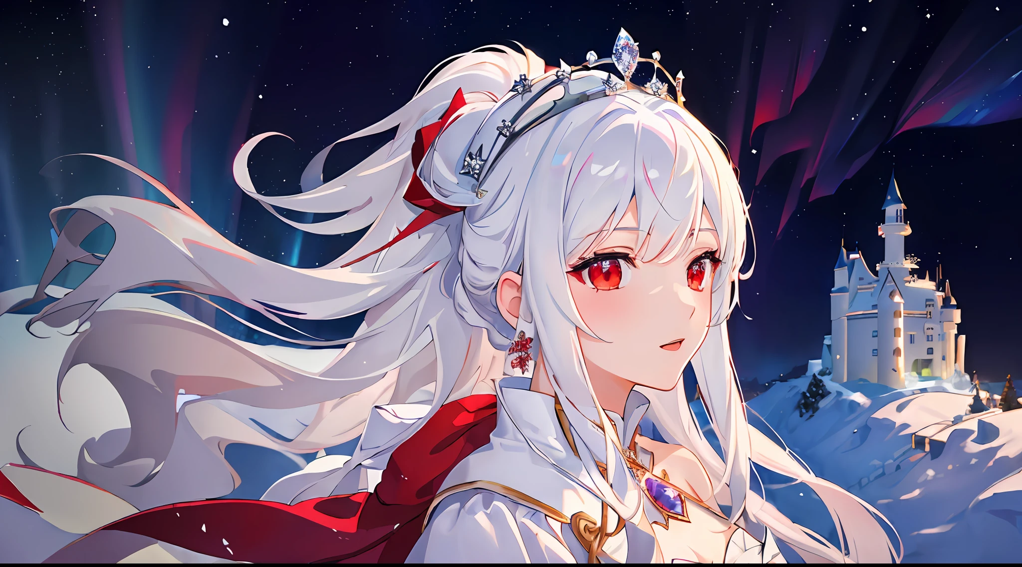 ((masterpiece,best quality, high resolution)), from aside, 1girl, solo, red eyes, white hair, queen outfit, tiara, snowy plains, castle on background, scenery, nighttime, aurora, snowflakes, dark, lowlight, carrying lantern