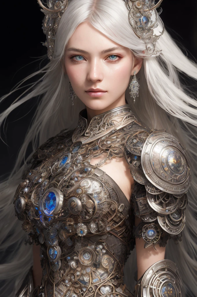 Portrait of a beautiful cyborg with 8k silver hair, messy hair, front view, intricate, elegant, detailed, majestic, digital photography, artgerm and artwork by Ruan Jia and Greg Rutkowski, surreal painting, filigree, broken Glass, (Masterpiece, Sidelight, Delicately Beautiful Brown Eyes: 1.2), HDR, Full Front View