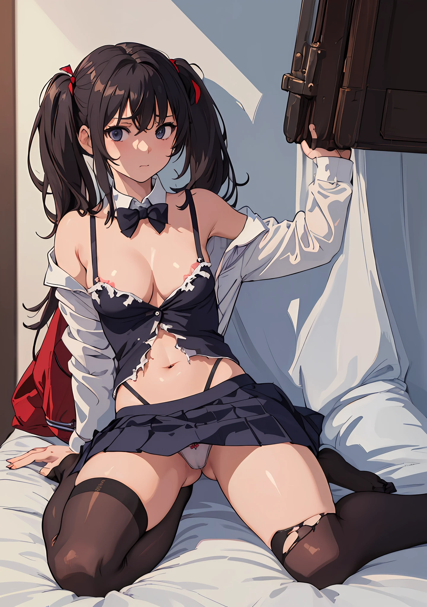 "(A true masterpiece with the best quality). In this NSFW image, a schoolgirl with a flat chest and small tits is lying down adorned in a ripped uniform, looking both shy yet eager to show off. Her cleavage and panties are teasingly visible through her ripped outfit."