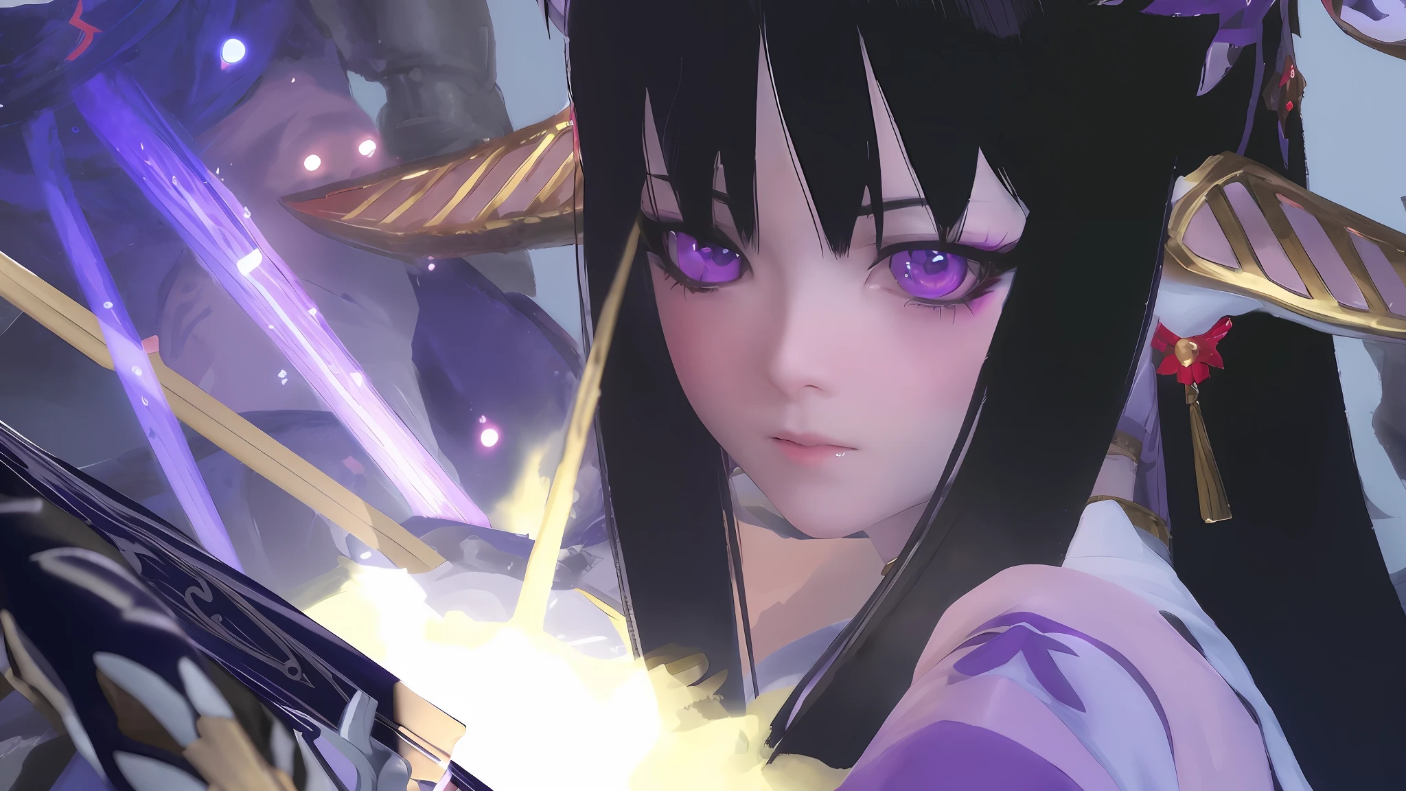anime girl with purple eyes holding a sword in a scene, with glowing purple eyes, shalltear bloodfallen, shalltear from overlord, ayaka genshin impact, black - haired mage, with vivid purple eyes, anime styled 3d, close up of a young anime girl, ayaka game genshin impact, unreal engine : : rave makeup