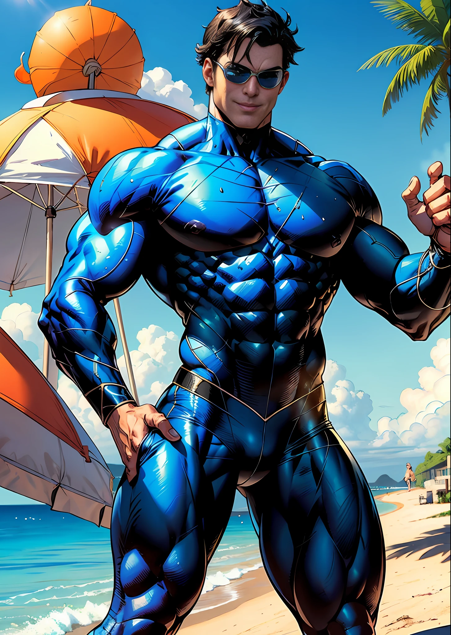 (best quality, masterpiece) Muscular himbo nightwing  ((dynamic pose, muscular, happy expression, sunglasses)|(sweating, beach scenery, sunny)),