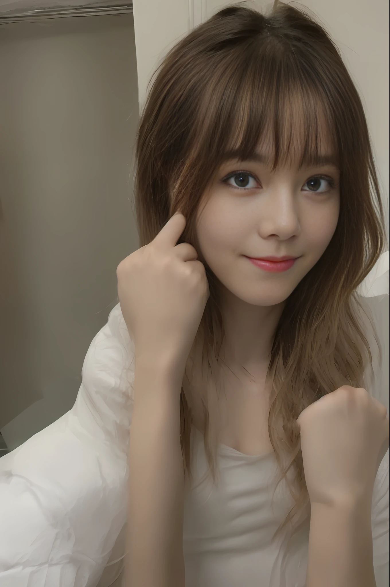 High definition, clear, natural light, real, indoor, Asian, brown eyes, pink long hair, upper body selfie