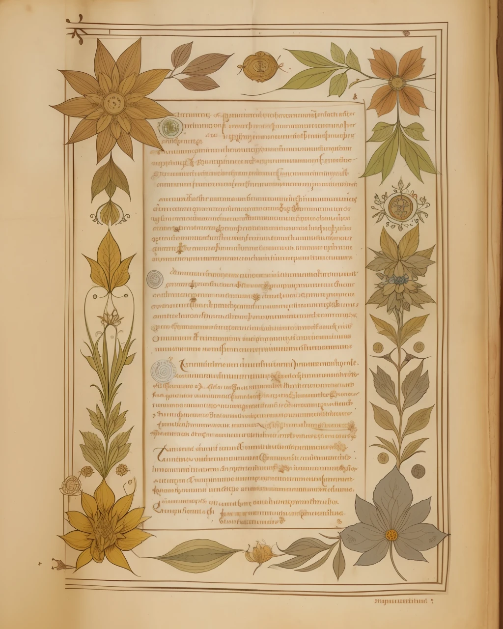 the front cover of an ancient medieval English herbal, pale brown amber yellow parchment, herbal illustrations, floral illustrations, small arcane symbols, view from above, centred, extremely high details, scruffy:1.5, rough1:5, stained:1.5, muted natural colours:1.0