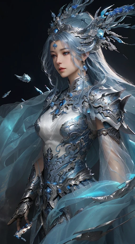 a close up of a woman in a silver and blue dress, chengwei pan on artstation, by Yang J, detailed fantasy art, stunning character art, fanart best artstation, epic exquisite character art, beautiful armor, extremely detailed artgerm, detailed digital anime art, artgerm on artstation pixiv, armor girl