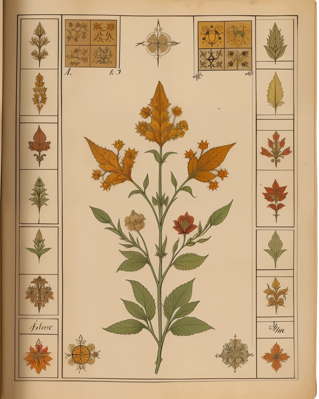 the front cover of an ancient medieval English herbal, pale brown amber yellow parchment, herbal illustrations, floral illustrations, small arcane symbols, view from above, centred, extremely high details, scruffy:1.5, rough1:5, stained:1.5, muted natural colours:1.0
