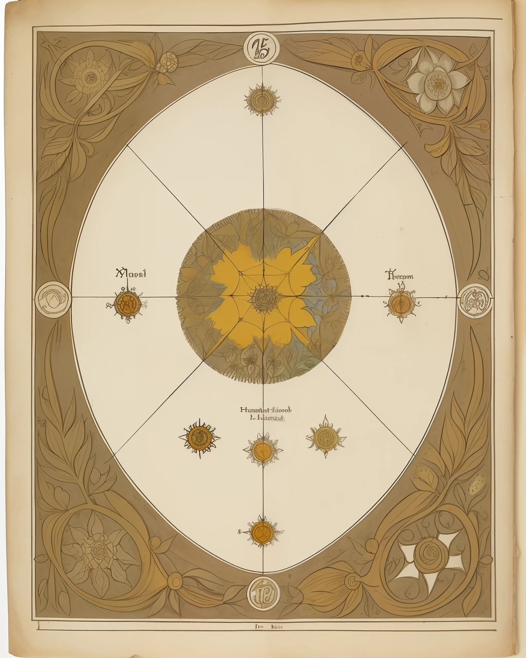 the front cover of an ancient medieval English herbal, pale brown amber yellow parchment, herbal illustrations, floral illustrations, small arcane symbols, view from above, centred, extremely high details, scruffy:1.5, rough1:5, stained:1.5, muted natural colours:1.0