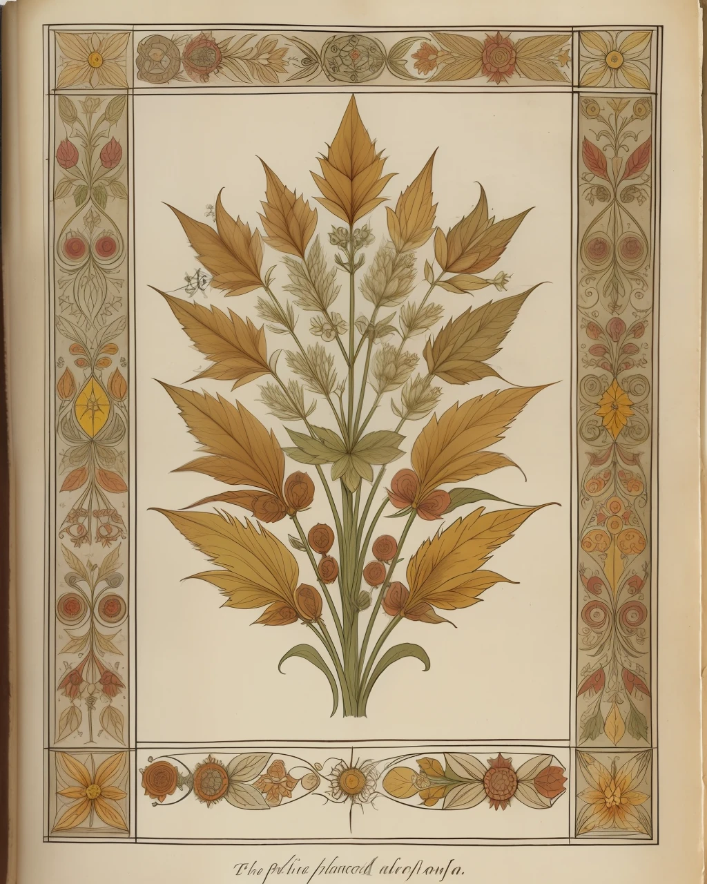 the front cover of an ancient medieval English herbal, pale brown amber yellow parchment, herbal illustrations, floral illustrations, small arcane symbols, view from above, centred, extremely high details, scruffy:1.5, rough1:5, stained:1.5, muted natural colours:1.0