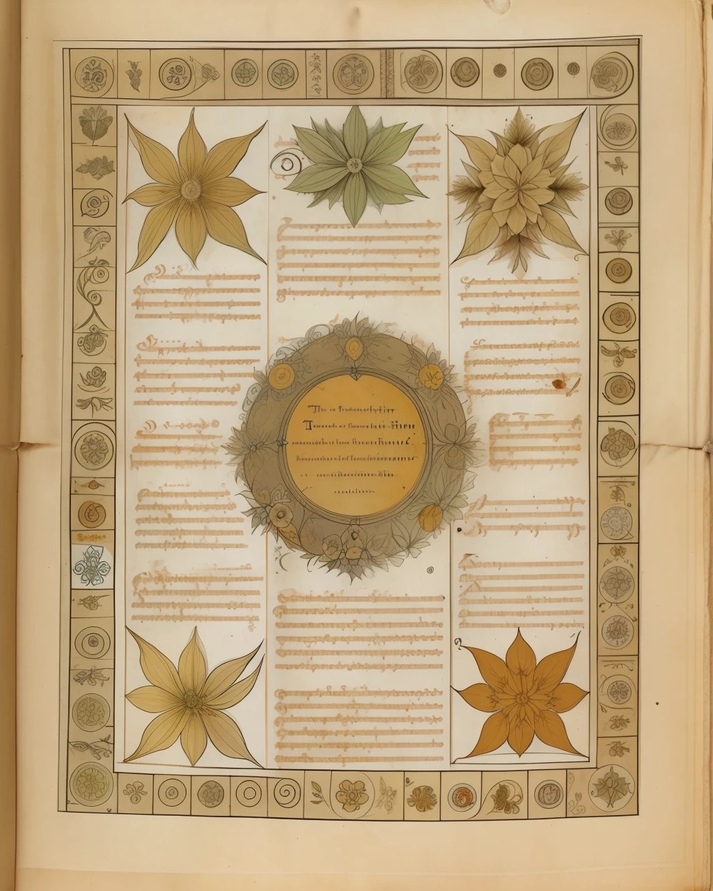 the front cover of an ancient medieval English herbal, pale brown amber yellow parchment, herbal illustrations, floral illustrations, small arcane symbols, view from above, centred, extremely high details, scruffy:1.5, rough1:5, stained:1.5, muted natural colours:1.0