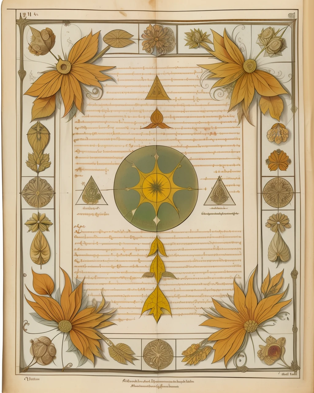the front cover of an ancient medieval English herbal, pale brown amber yellow parchment, herbal illustrations, floral illustrations, small arcane symbols, view from above, centred, extremely high details, scruffy:1.5, rough1:5, stained:1.5, muted natural colours:1.0