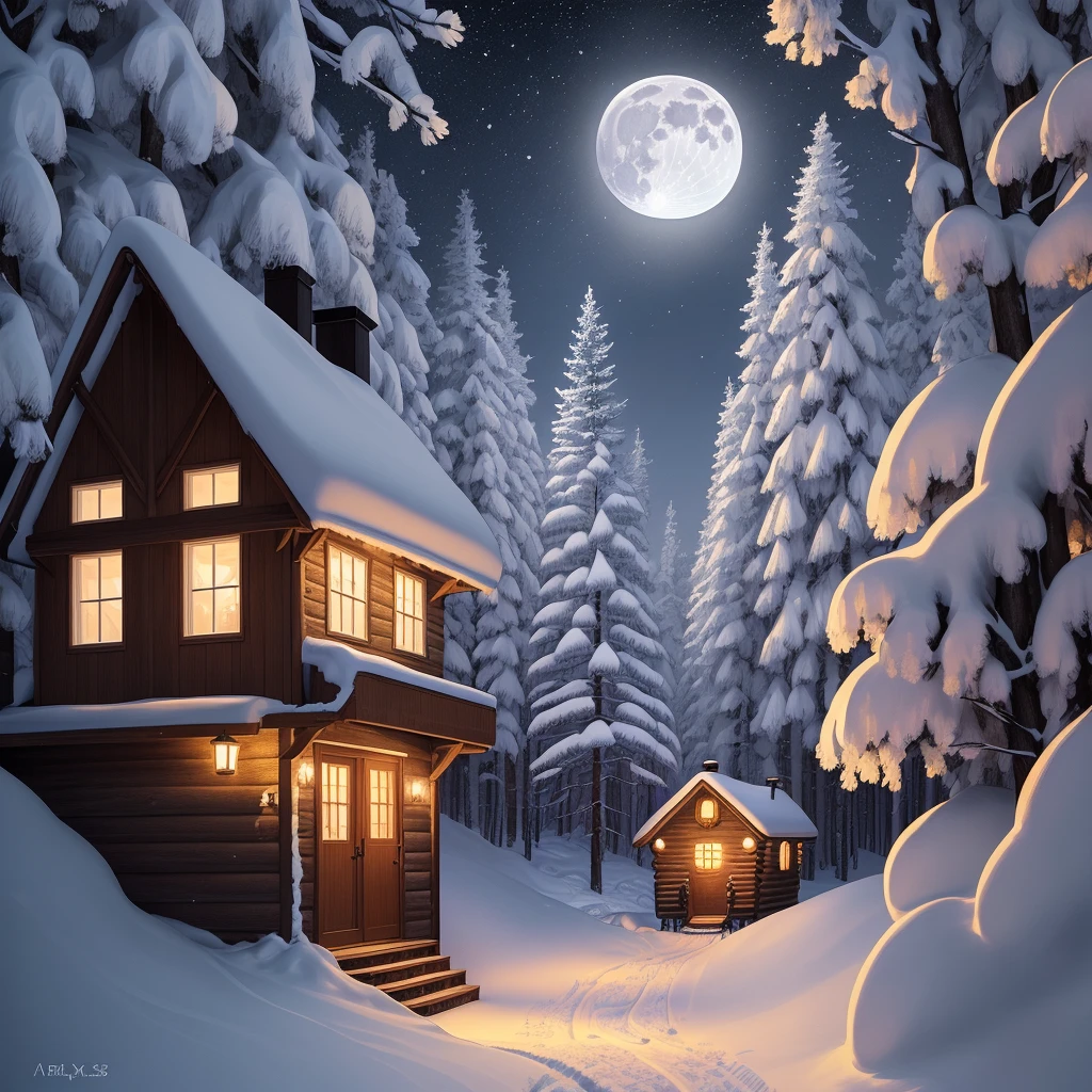 A beautiful illustration of a winter wonderland featuring a cozy cabin surrounded by snow-covered trees, with a full moon illuminating the scene, in the style of a vintage travel poster. --ar 3:4 --s 750 --v 5.