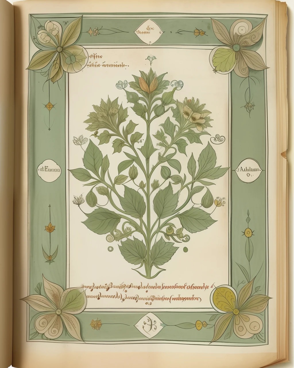 the front cover of an ancient medieval English herbal, pale green and pale yellow parchment, herbal illustrations, floral illustrations, small arcane symbols, view from above, centred, extremely high details, scruffy:1.5, rough1:5, stained:1.5, muted natural colours:1.0