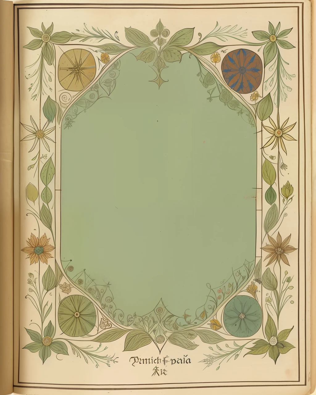 the front cover of an ancient medieval English herbal, pale green and pale yellow parchment, herbal illustrations, floral illustrations, small arcane symbols, view from above, centred, extremely high details, scruffy:1.5, rough1:5, stained:1.5, muted natural colours:1.0
