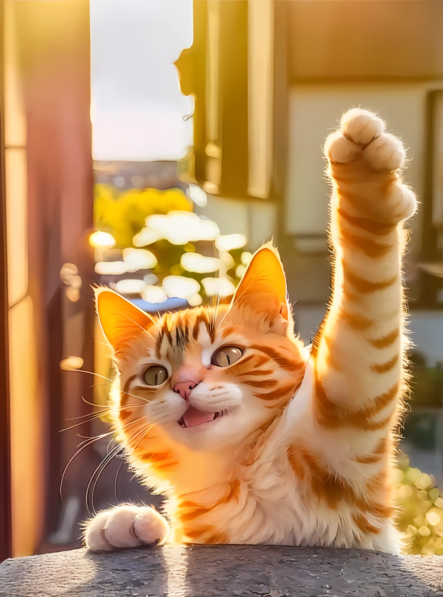 There is a cat sitting on the windowsill with its paws up, waving at the camera, thumbs up, like, photo of a cat, happy cat, cute cat photo, waving and smiling, cat photo, action pose , cute cat, funny cat with arms raised, golden hour sunlight