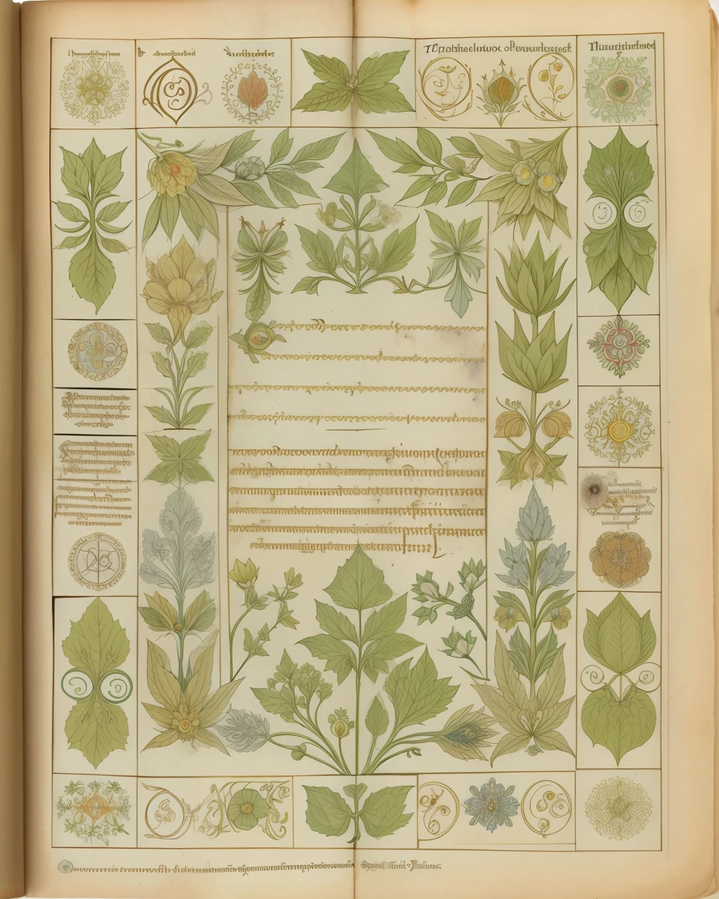 the front cover of an ancient medieval English herbal, pale green and pale yellow parchment, herbal illustrations, floral illustrations, small arcane symbols, view from above, centred, extremely high details, scruffy:1.5, rough1:5, stained:1.5, muted natural colours:1.0