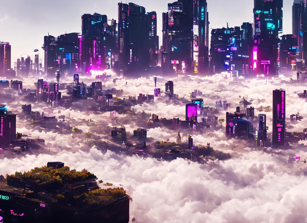 Cyberpunk style, flying clouds and flowers, smoke, clear focus, inspirational 8k wallpaper