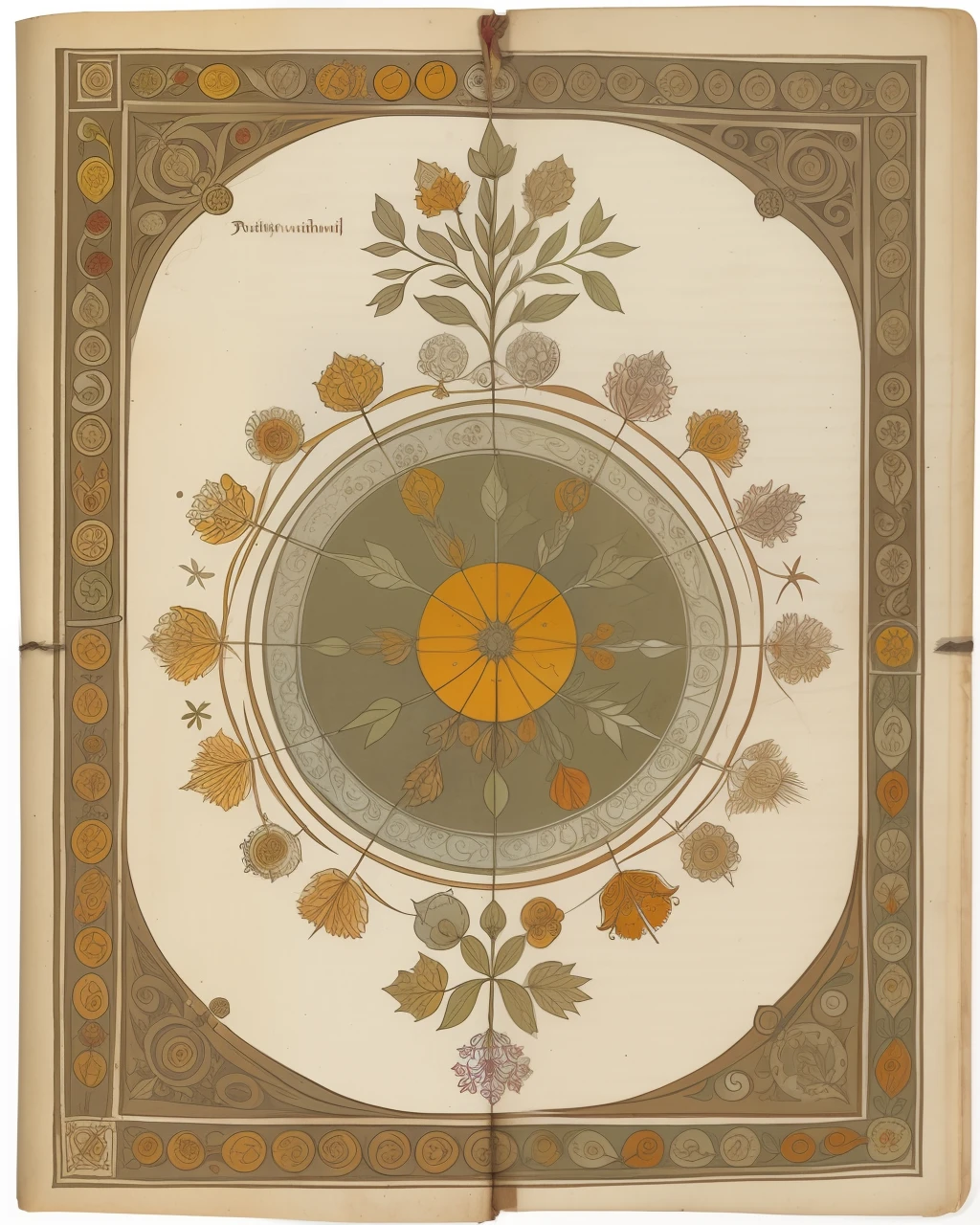 the front cover of an ancient medieval English herbal, pale brown and amber parchment, herbal illustrations, floral illustrations, small arcane symbols, view from above, centred, extremely high details, scruffy:1.5, rough1:5, stained:1.5, muted natural colours:1.0