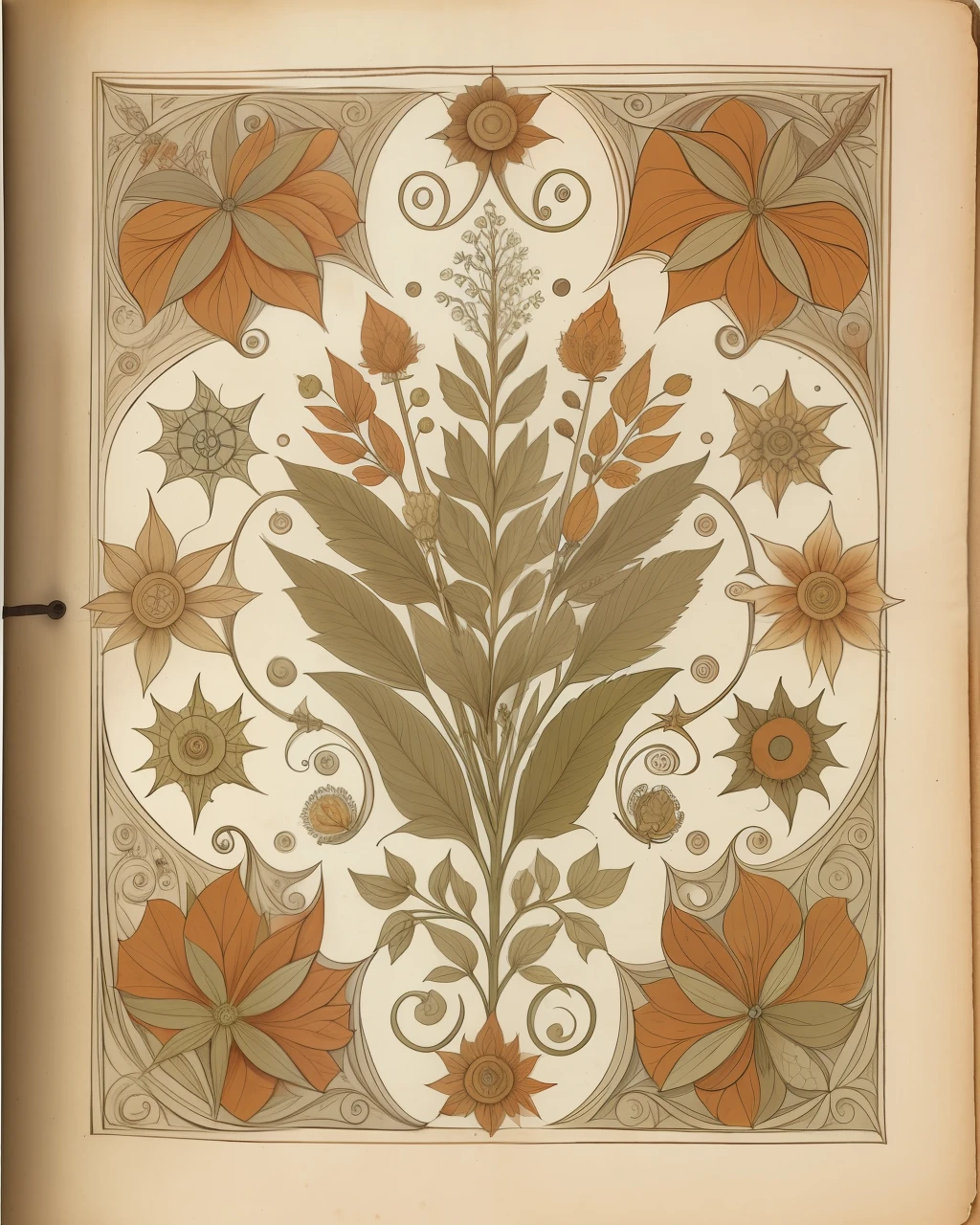 the front cover of an ancient medieval English herbal, pale brown and amber parchment, herbal illustrations, floral illustrations, small arcane symbols, view from above, centred, extremely high details, scruffy:1.5, rough1:5, stained:1.5, muted natural colours:1.0