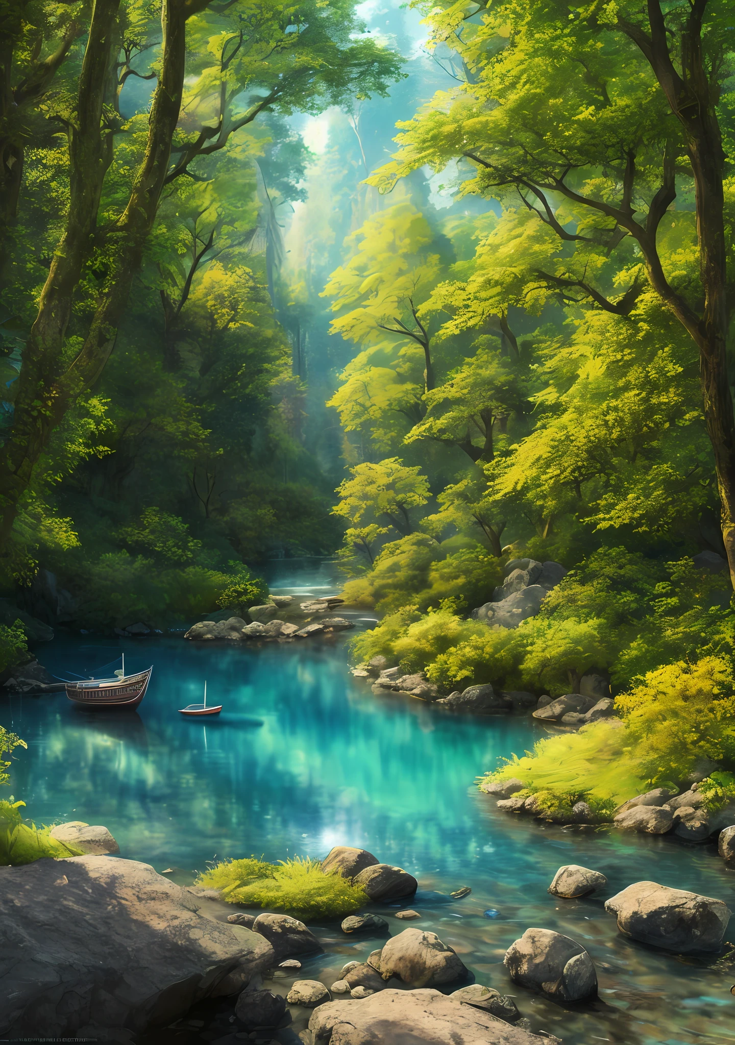 masterpiece, best quality, high quality,extremely detailed CG unity 8k wallpaper, An enchanting and dreamy scene of  a sailing boat in fantasy forest, with towering trees, hidden fairy glens, creating a sense of mystique and enchantment, artstation, intricate, trending, award winning photography, Bokeh, Depth of Field, HDR, bloom, Chromatic Aberration ,Photorealistic,extremely detailed, trending on artstation, trending on CGsociety, Intricate, High Detail, dramatic, art by midjourney