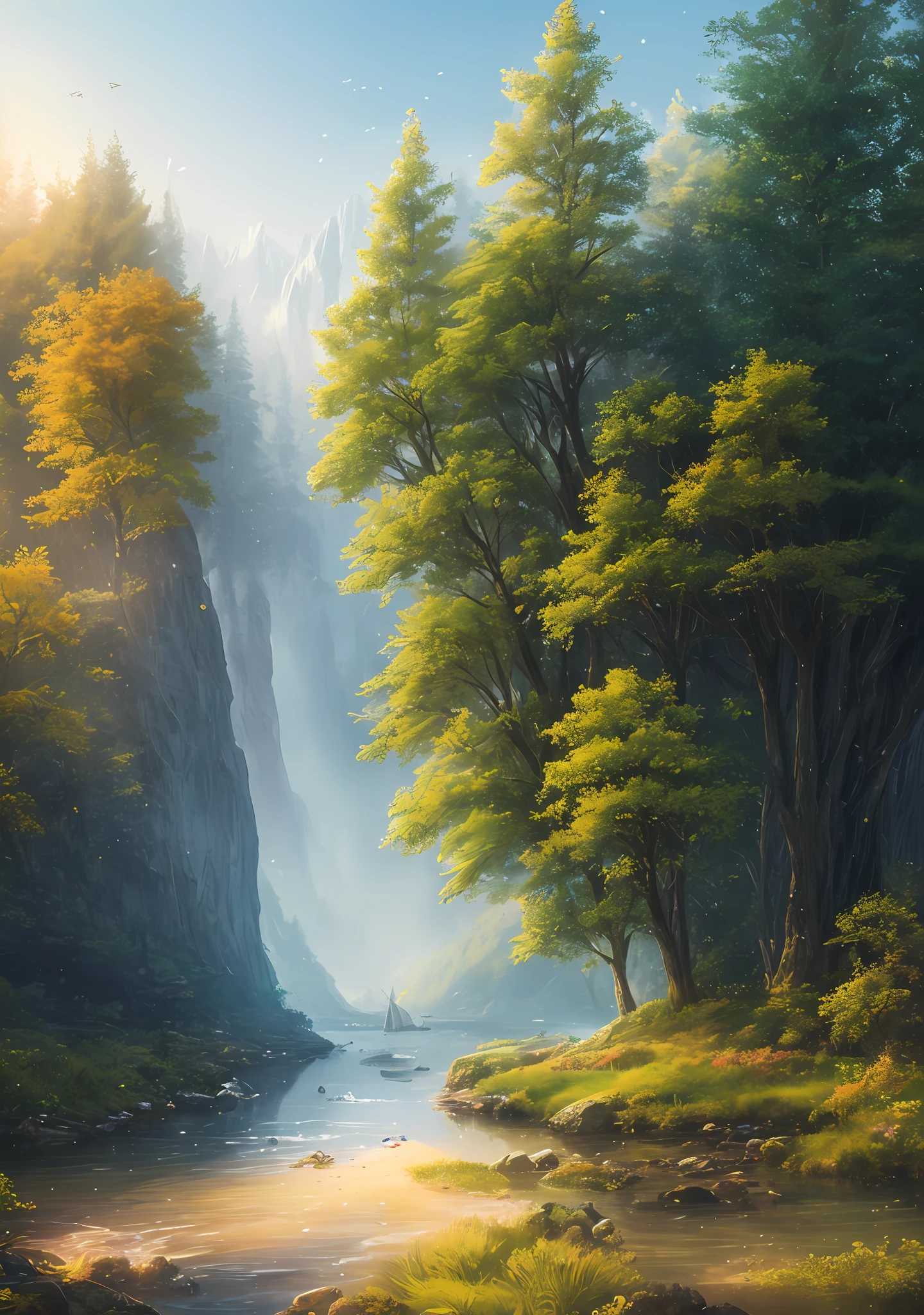 masterpiece, best quality, high quality,extremely detailed CG unity 8k wallpaper, An enchanting and dreamy scene of a sailing boat in fantasy forest, with towering trees, hidden fairy glens, creating a sense of mystique and enchantment, artstation, intricate, trending, award winning photography, Bokeh, Depth of Field, HDR, bloom, Chromatic Aberration ,Photorealistic,extremely detailed, trending on artstation, trending on CGsociety, Intricate, High Detail, dramatic, art by midjourney