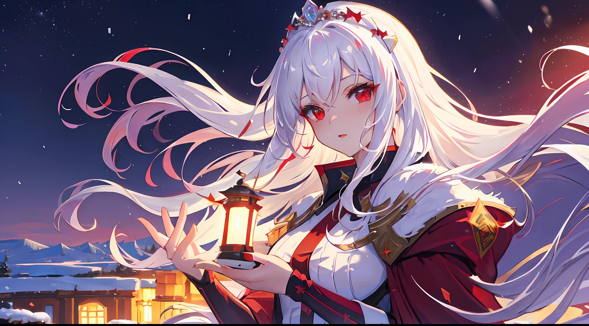 ((masterpiece,best quality, high resolution)), from aside, 1girl, solo, red eyes, white hair, queen outfit, tiara, snowy plains, castle on background, scenery, nighttime, aurora, snowflakes, dark, lowlight, carrying lantern