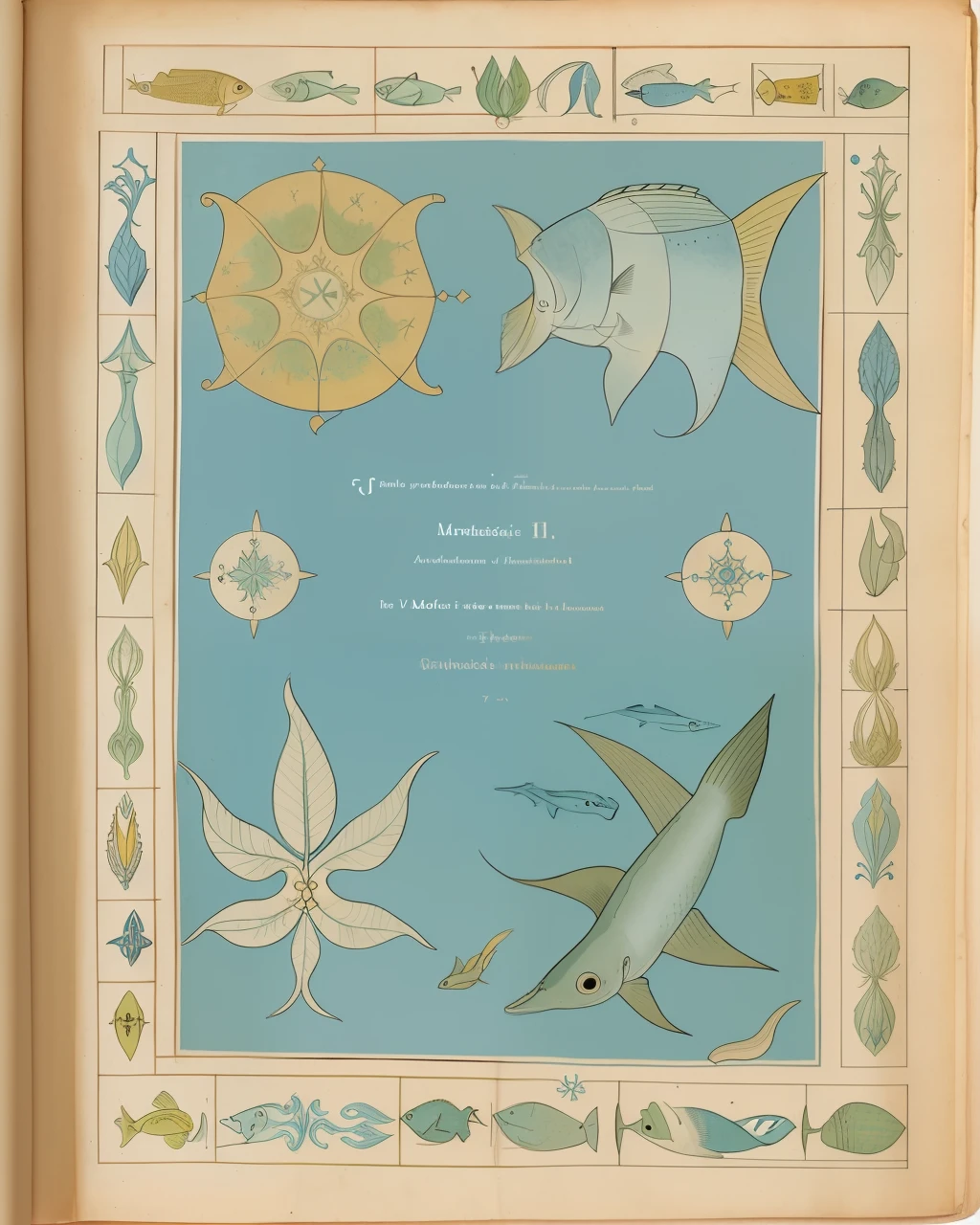 the front cover of an ancient medieval English herbal, pale blue and pale green and pale yellow parchment, marine illustrations, fish illustrations, small arcane symbols, view from above, centred, extremely high details, scruffy:1.5, rough1:5, stained:1.5, muted natural colours:1.0