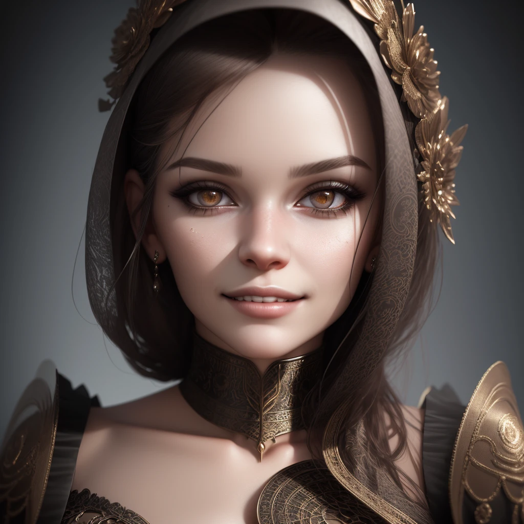 Mina, woman,complex 3d render ultra detailed, smile, portrait of beautiful woman, moody portrait, striking features, beauty, intricate details, dramatic composition, tension, contrast, texture, realism