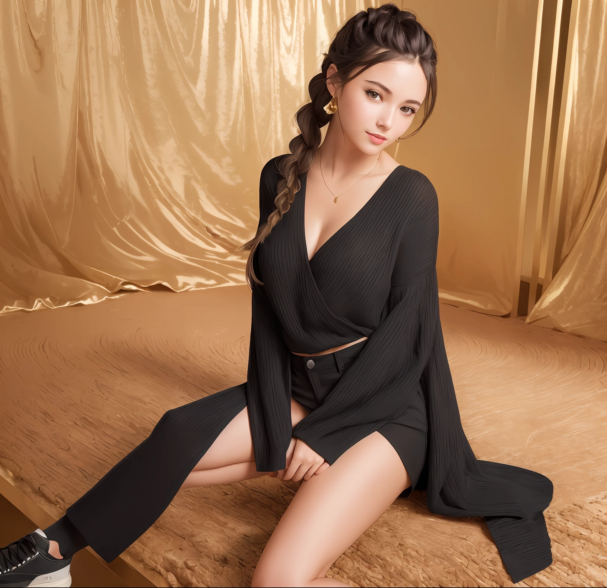 (masterpiece: 1.3), (8k, photorealistic, RAW photo, best quality: 1.4), (1girl), beautiful face, (realistic face), (black hair, medium hair: 1.3), Beautiful hairstyles, realistic eyes, dark eyes, beautiful and detailed eyes, (real skin), beautiful skin, attractive, ultra-high resolution, ultra-realistic, high-definition, golden ratio, high-quality background photos, braids,,1girl,(indoor studio_background),shoes,Bell sleeve knit top,V-neck knit wrap,medium hair,smile,
