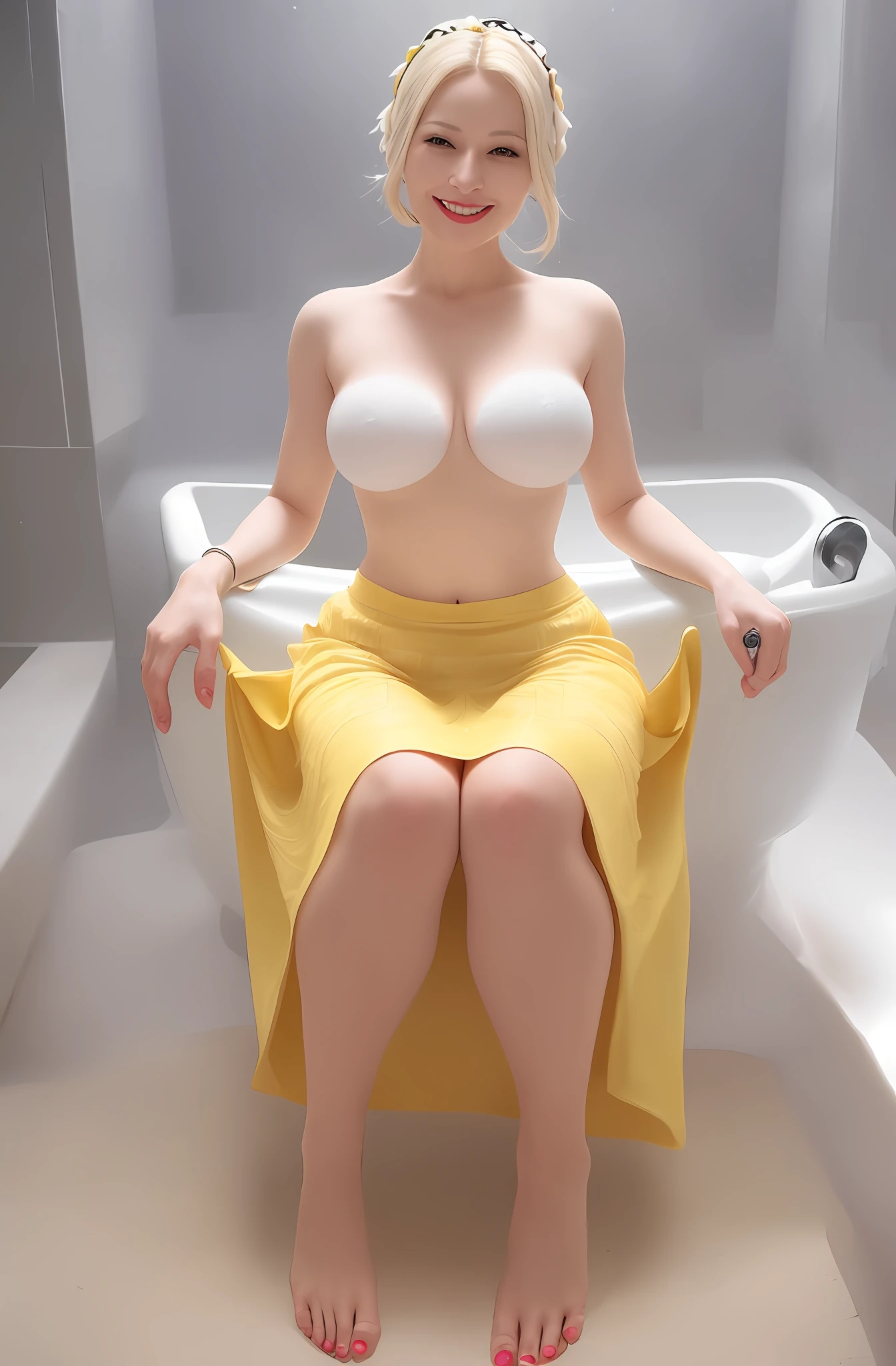 Excellent, masterpiece, full body, a mature and charming woman, smiling, happy, charming pose, low hearted sleeveless light yellow bubble skirt, hollow design (shallow smile: 0.6), blond braids, aquamarine eyes, snow-white skin, confident and generous, barefoot in the bathroom