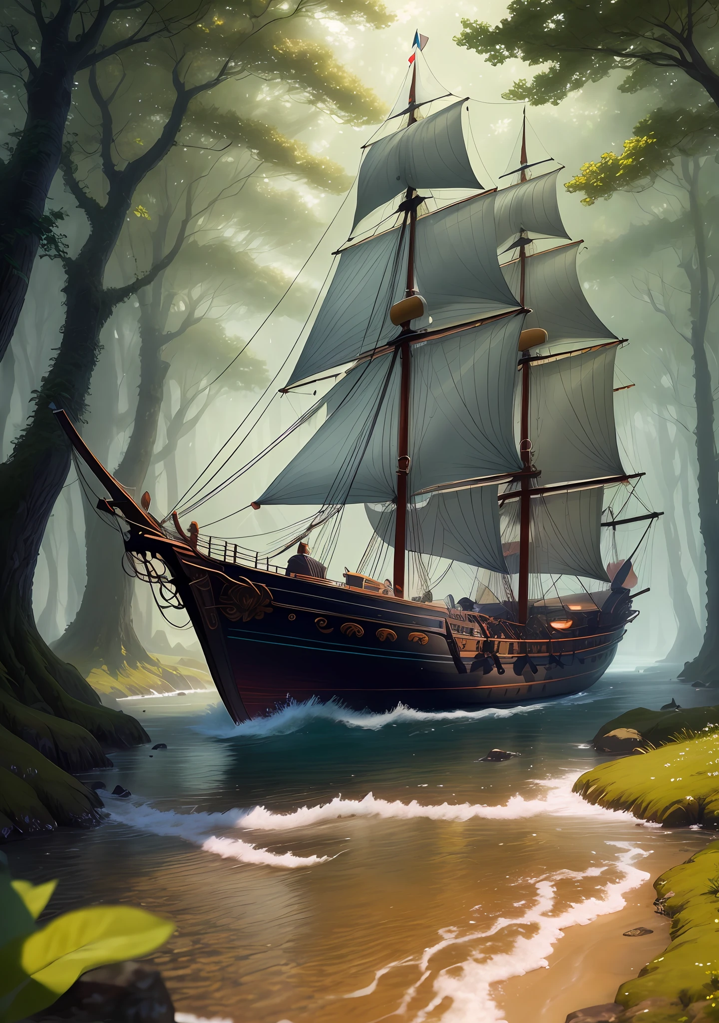 masterpiece, best quality, high quality,extremely detailed CG unity 8k wallpaper, An enchanting and dreamy scene of a sailing boat in fantasy forest, with towering trees, hidden fairy glens, creating a sense of mystique and enchantment, artstation, intricate, trending, award winning photography, Bokeh, Depth of Field, HDR, bloom, Chromatic Aberration ,Photorealistic,extremely detailed, trending on artstation, trending on CGsociety, Intricate, High Detail, dramatic, art by midjourney