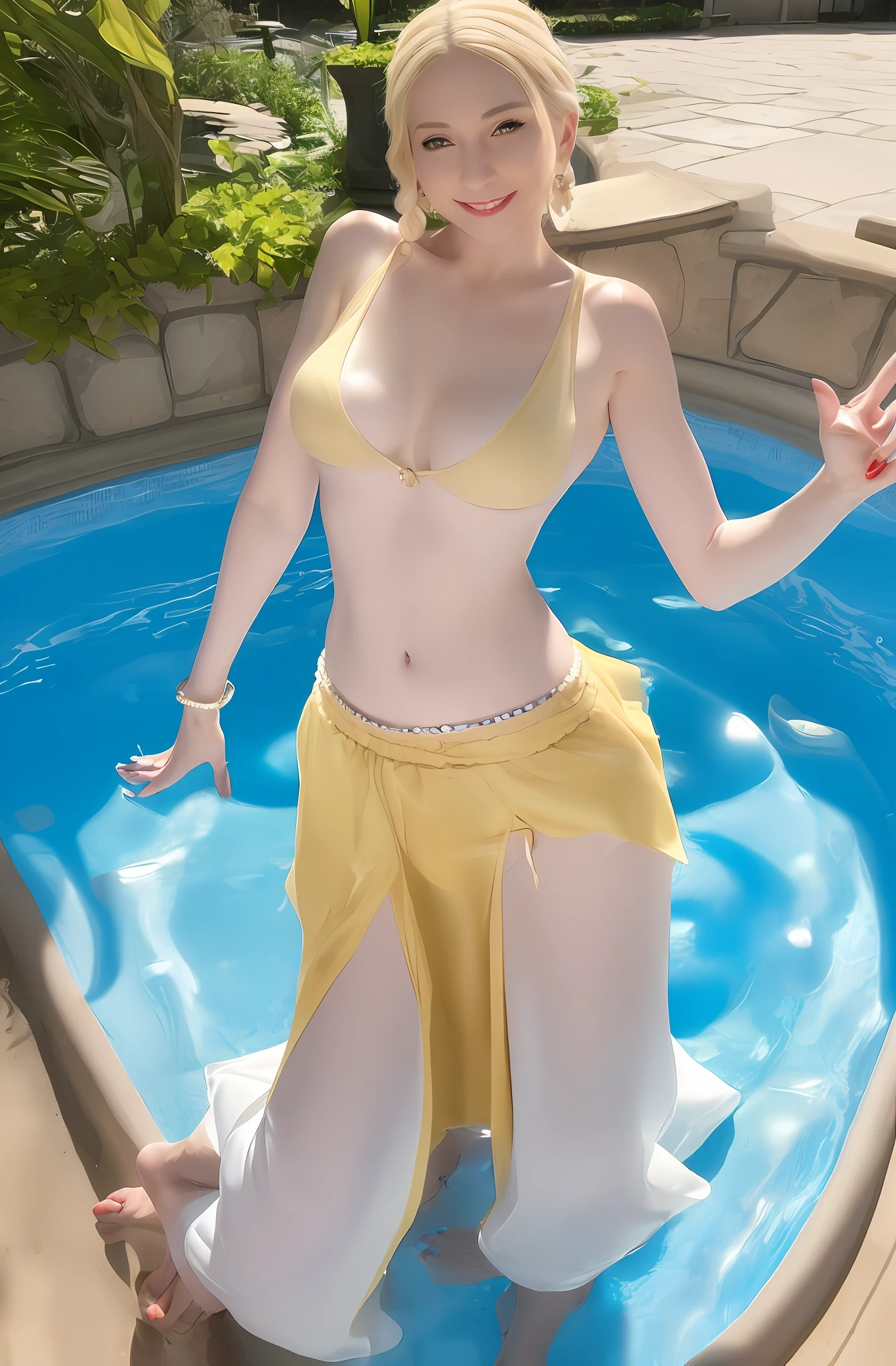 Excellent, masterpiece, full body, a mature and charming woman, smiling, happy, charming pose, low hearted sleeveless light yellow bubble skirt, hollow design (shallow smile: 0.6), blond braids, aquamarine eyes, snow-white skin, confident and generous, Barefoot, standing in the pool