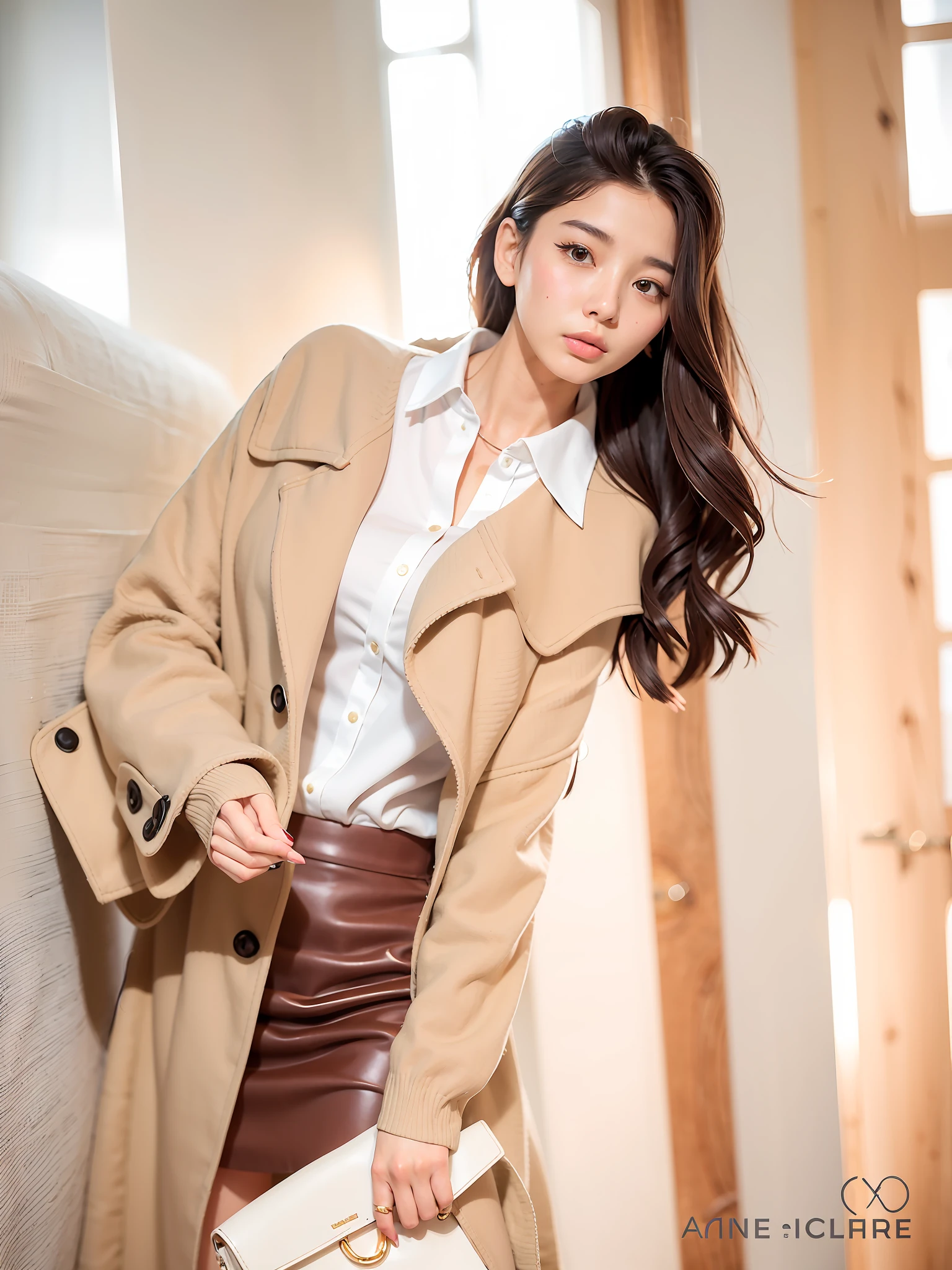 araffe woman wearing beige skirt and white shirt and tan purse, cropped shirt with jacket, mature sexy alluring korean female fashion model, loose coat collar sailor uniform, bae suzy, wearing long flowing clothes, elegant slim beige shirt, ulzzang , short wide sleeves, jinyoung shin, cream colored blouse, sha xi, white trendy clothes, full body photo, slender white thighs, charming pose, white and supple skin, delicate and charming face, beautiful eyes,