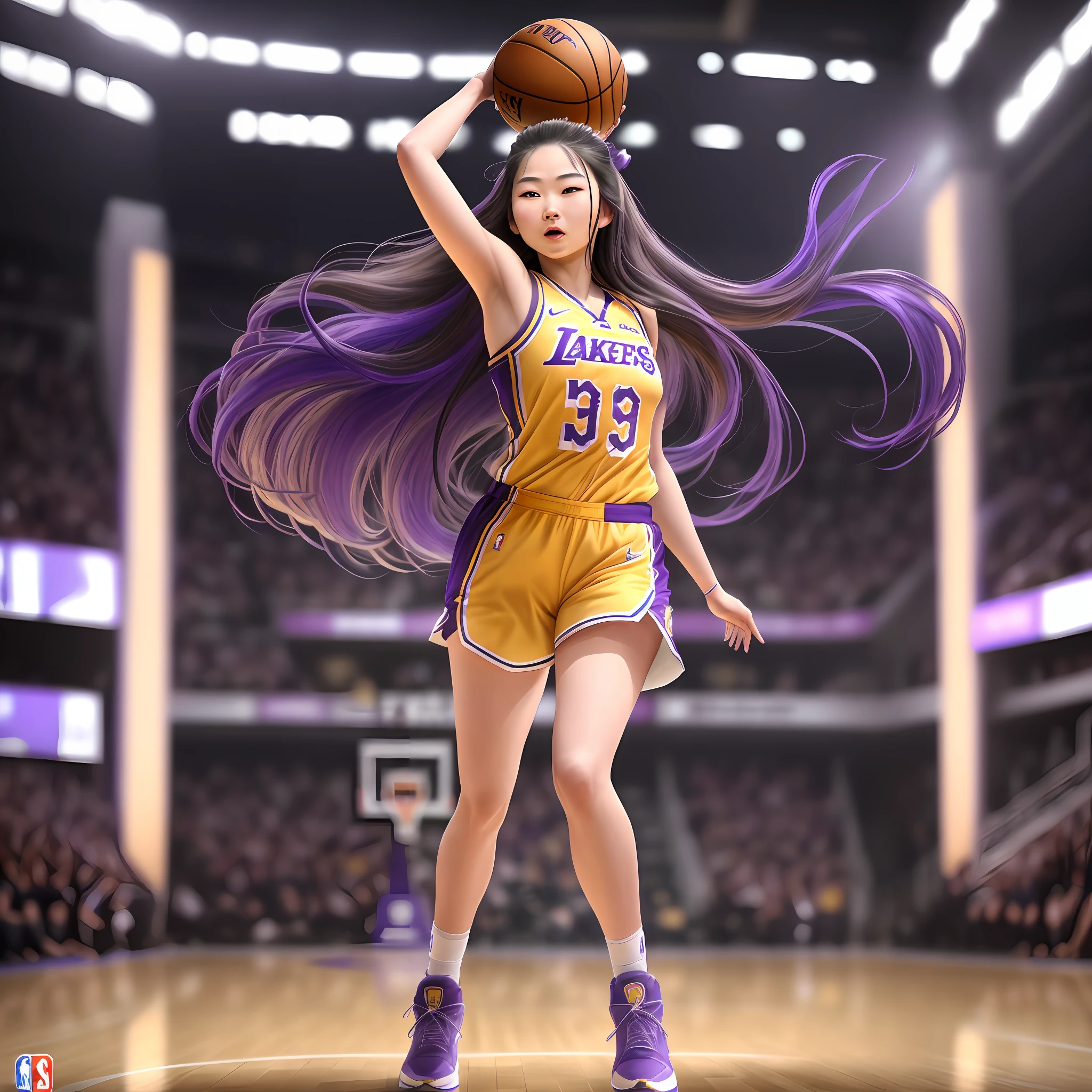 A goddess wearing a Lakers uniform on a basketball court, number 8, long hair blowing in the wind, Asian face