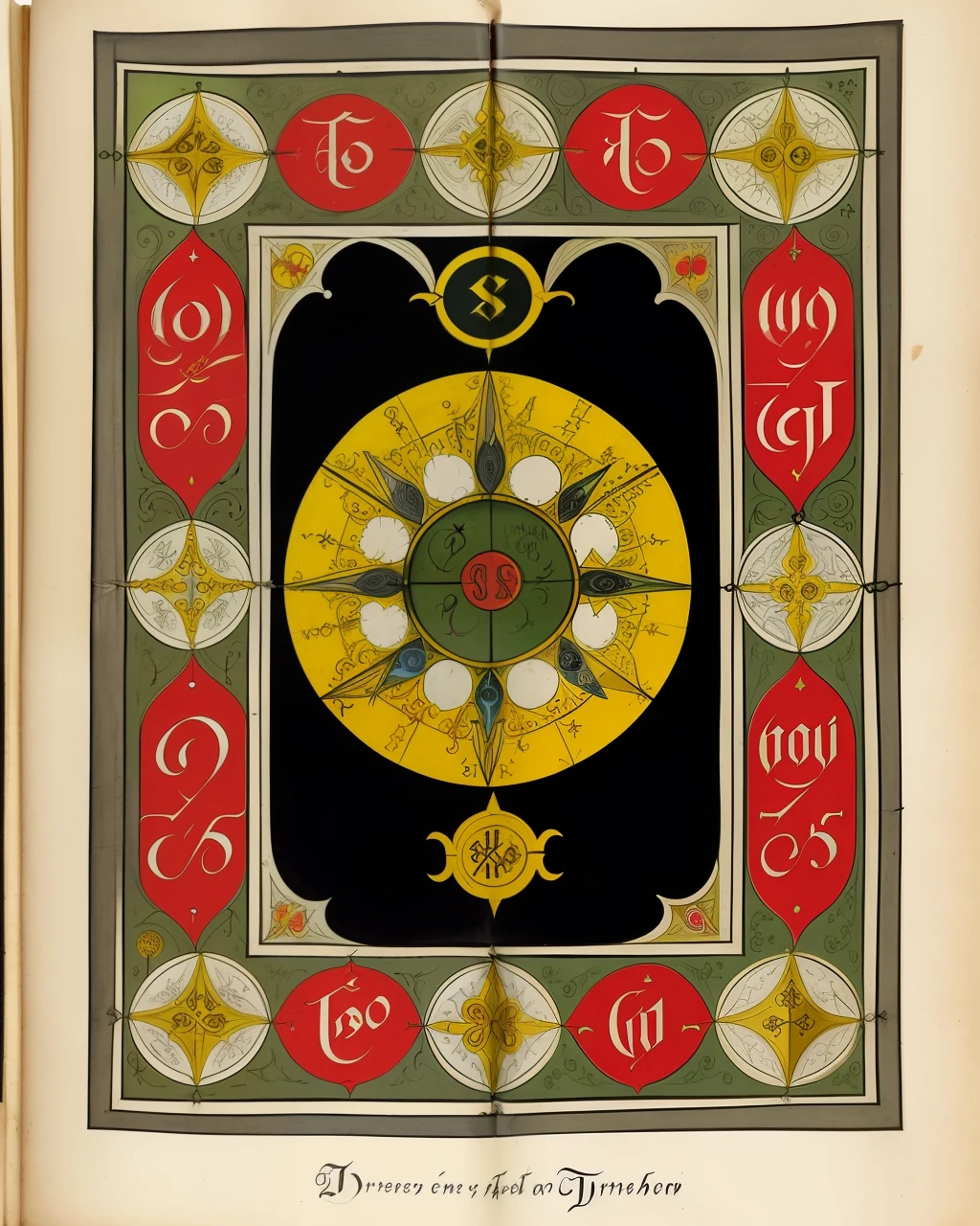 the front cover of an ancient medieval English prayer book, green and red and yellow and silver and gold parchment, black ink text, black ink lettering, religious illustrations, angelic illustrations, small arcane symbols, view from above, centred, extremely high details, scruffy:1.5, rough1:5, stained:1.5, bright natural colours:1.0