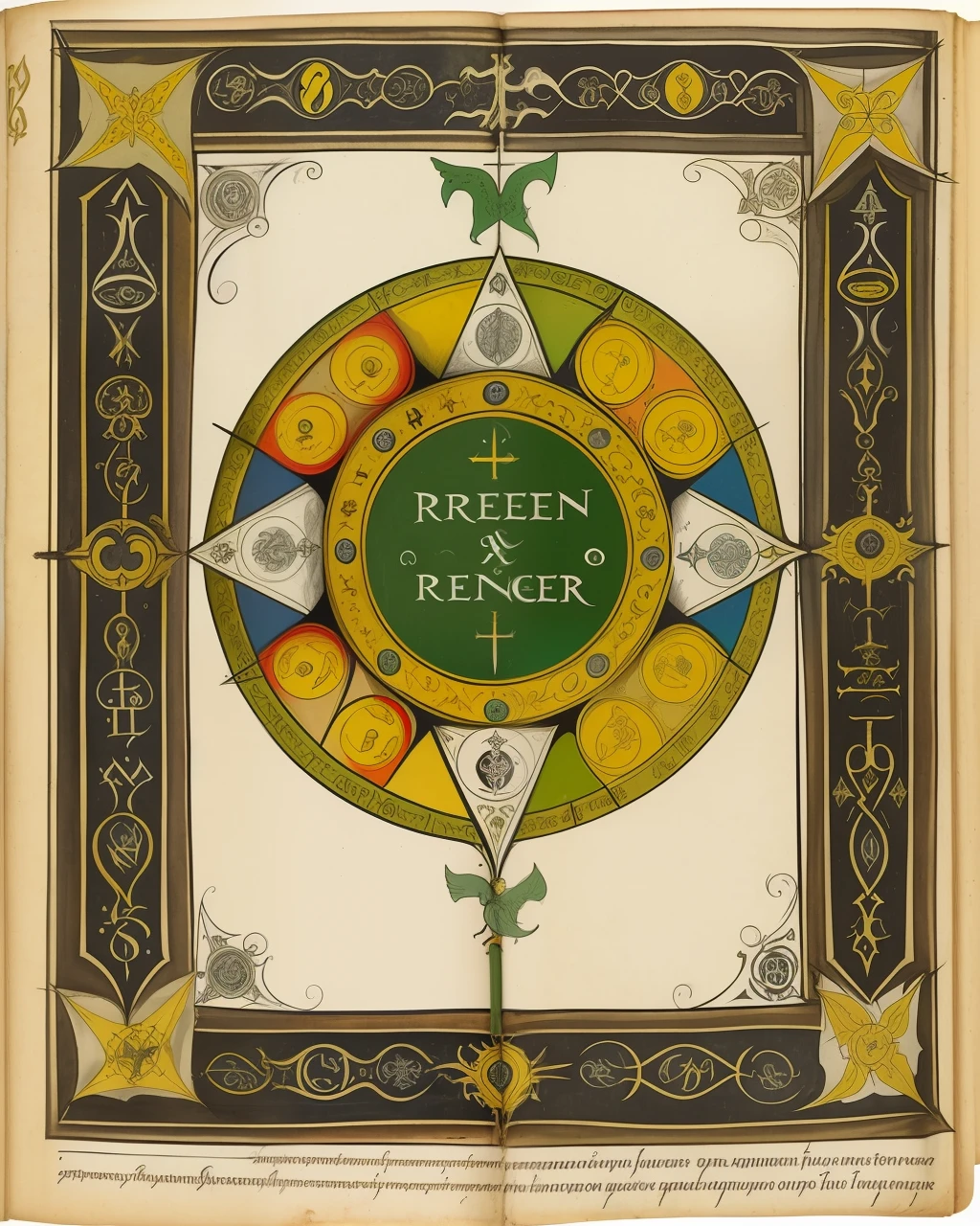 the front cover of an ancient medieval English prayer book, green and red and yellow and silver and gold parchment, black ink text, black ink lettering, religious illustrations, angelic illustrations, small arcane symbols, view from above, centred, extremely high details, scruffy:1.5, rough1:5, stained:1.5, bright natural colours:1.0