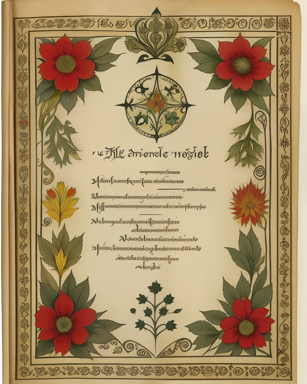 the front cover of an ancient medieval English herbal, green and red and yellow and silver and gold parchment, black ink text, black ink lettering, herbal illustrations, floral illustrations, small arcane symbols, view from above, centred, extremely high details, scruffy:1.5, rough1:5, stained:1.5, bright natural colours:1.0