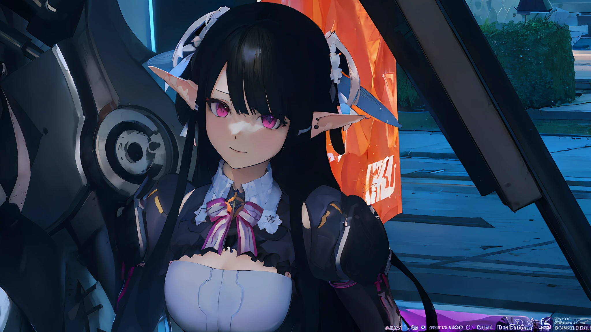 anime character with black hair and purple dress holding a camera, azur lane style, from the azur lane videogame, noire photo, pink twintail hair and cyan eyes, noire, 8 k character details, it has a piercing gaze, shalltear from overlord, biomechanical oppai, twintails white_gloves, Annette pso2es