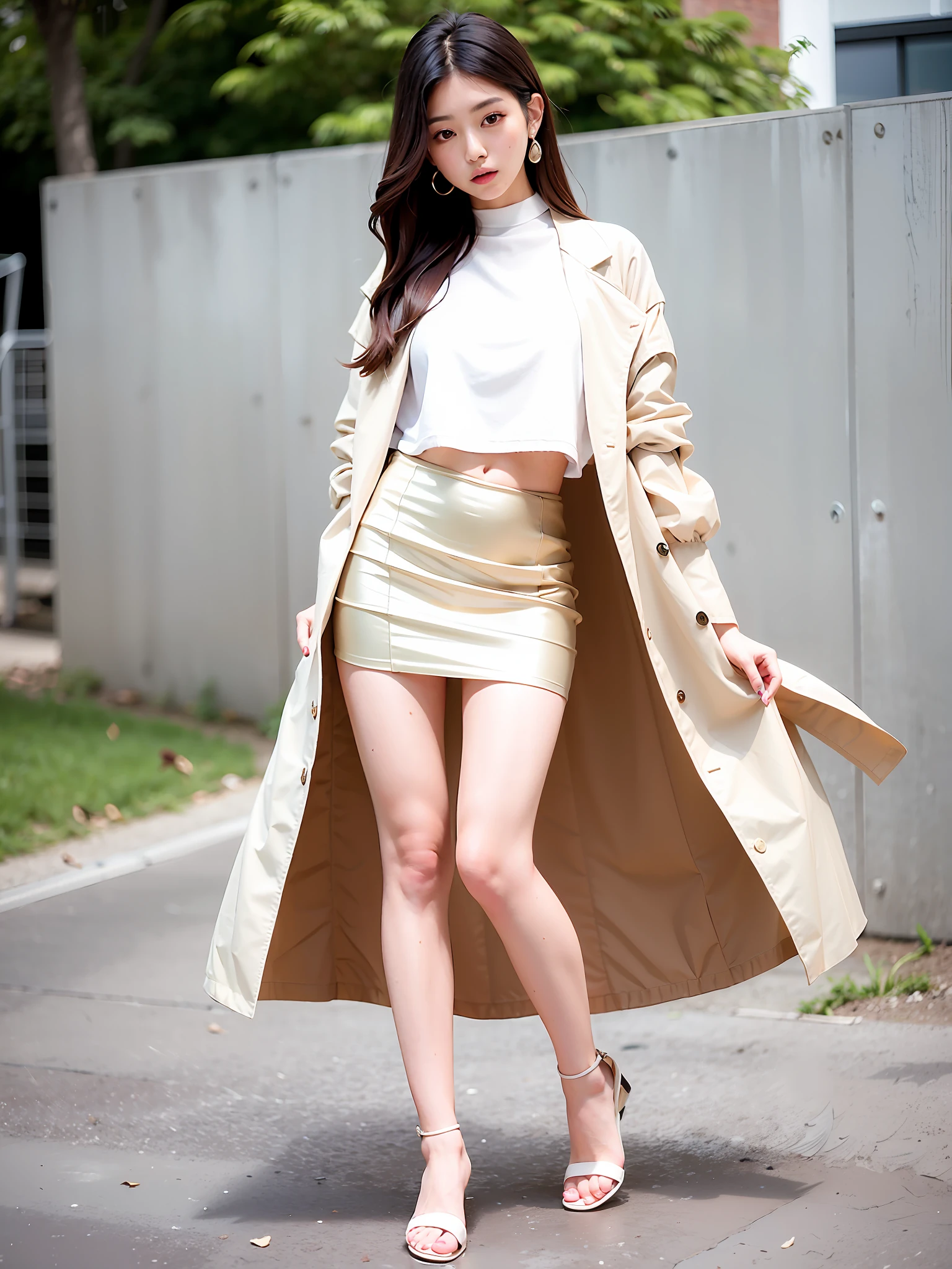 araffe woman wears beige skirt and white shirt t-shirt and tan purse, cropped shirt with jacket, mature sexy alluring korean female fashion model, loose tulle trench coat, bae suzy, wears long flowing dress, elegant slim beige T T-shirt, ulzzang, short wide sleeves, jinyoung shin, cream colored blouse, sha xi, white trendy clothes, full body photo, slender white thighs, charming pose, white and supple skin, delicate and charming face, beautiful eyes, delicate collarbone, bare feet ,,