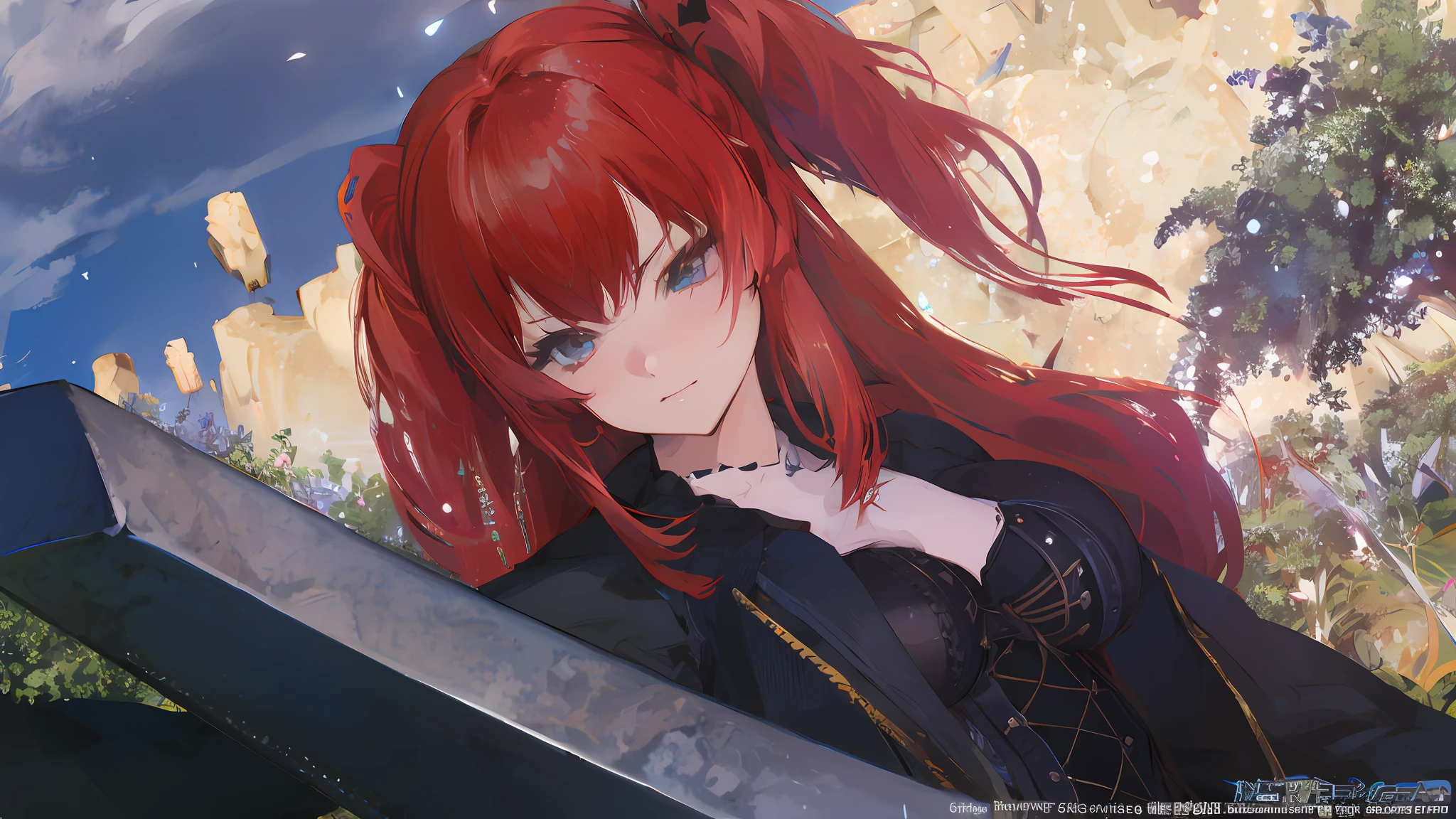 anime girl with red hair holding a sword in front of a city, rias gremory, render of april, photorealistic anime girl render, 8 k character details, from the azur lane videogame, erza scarlet as a real person, fine details. girls frontline, style game square enix, noire photo, beautiful screenshot, azur lane style