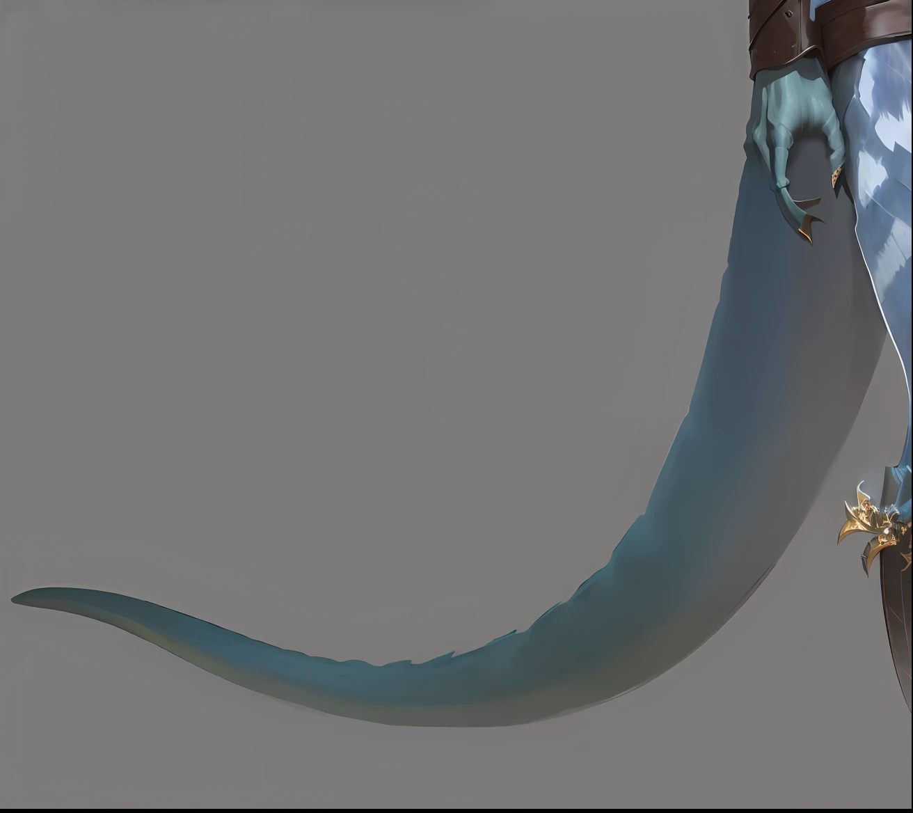 Beautiful lizard tail, big tail, elegant long tail behind, fantasy scythe holding machete made of bone, drawn in high resolution