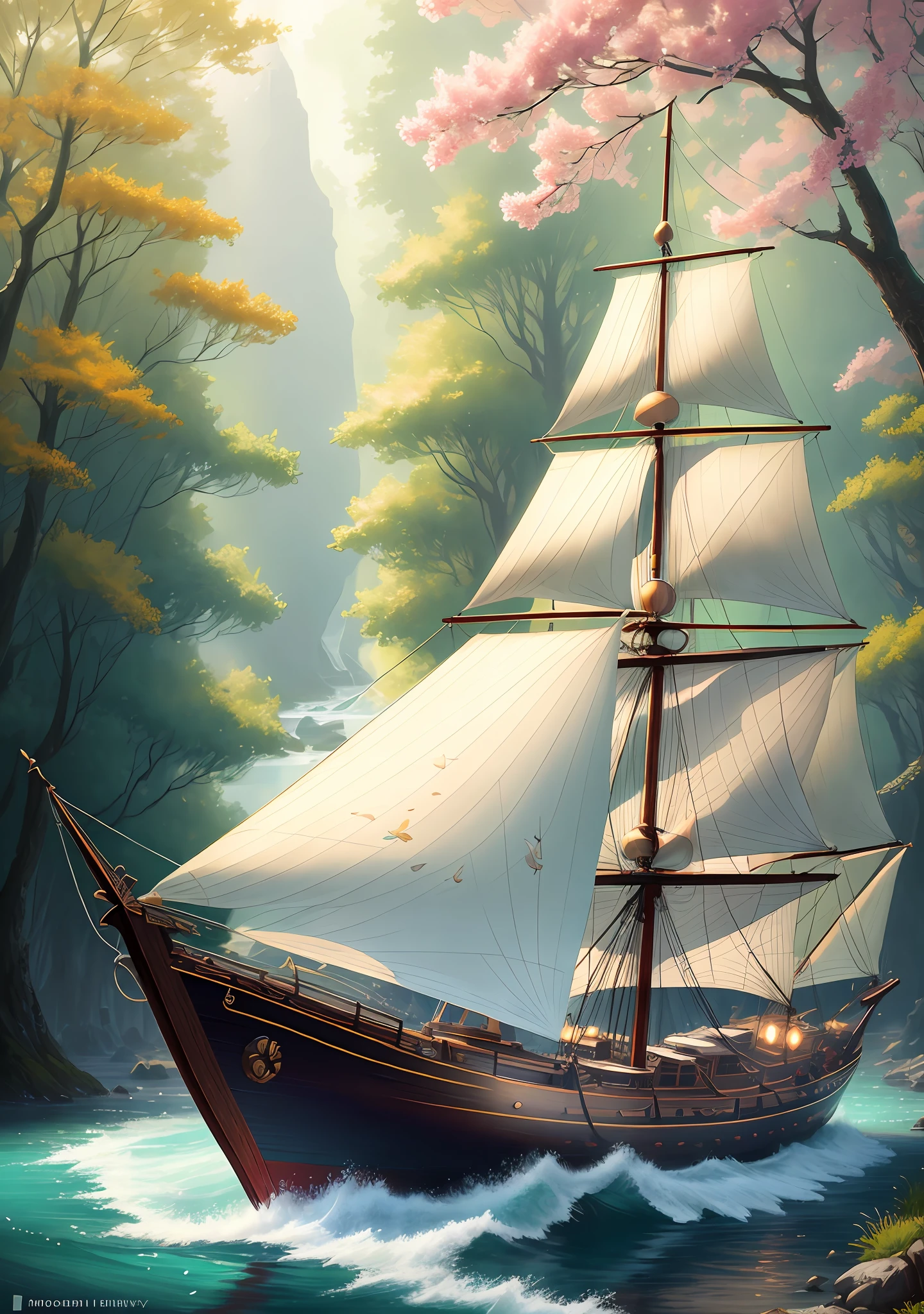 masterpiece, best quality, high quality,extremely detailed CG unity 8k wallpaper, An enchanting and dreamy scene of  a (front view) large sailboat on a narrow river in fantasy forest, with towering trees, hidden fairy glens, creating a sense of mystique and enchantment, artstation, intricate, trending, award winning photography, Bokeh, Depth of Field, HDR, bloom, Chromatic Aberration ,Photorealistic,extremely detailed, trending on artstation, trending on CGsociety, Intricate, High Detail, dramatic, art by midjourney