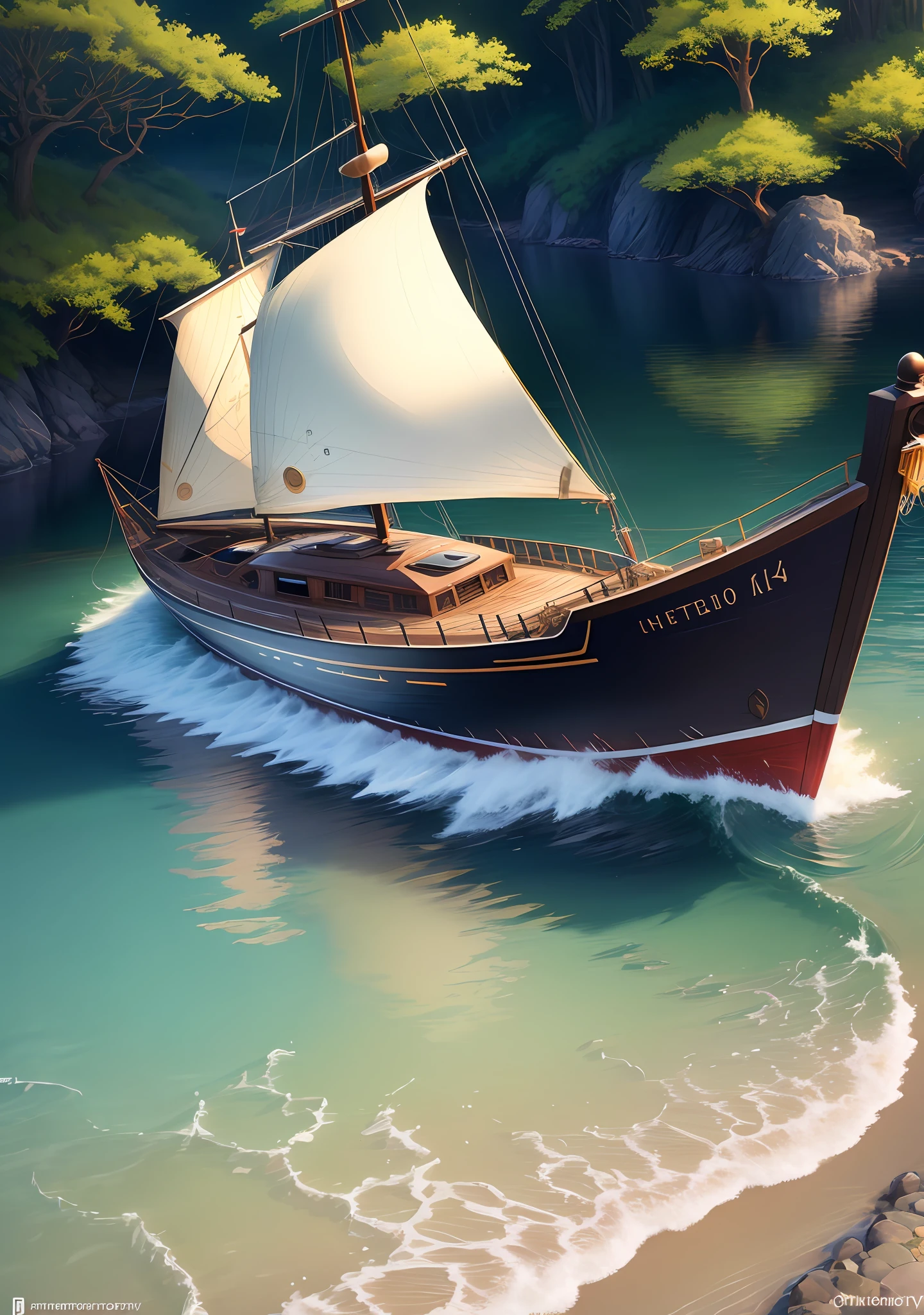masterpiece, best quality, high quality,extremely detailed CG unity 8k wallpaper, An enchanting and dreamy scene of a (front view) large sailboat on a narrow river in fantasy forest, with towering trees, hidden fairy glens, creating a sense of mystique and enchantment, artstation, intricate, trending, award winning photography, Bokeh, Depth of Field, HDR, bloom, Chromatic Aberration ,Photorealistic,extremely detailed, trending on artstation, trending on CGsociety, Intricate, High Detail, dramatic, art by midjourney