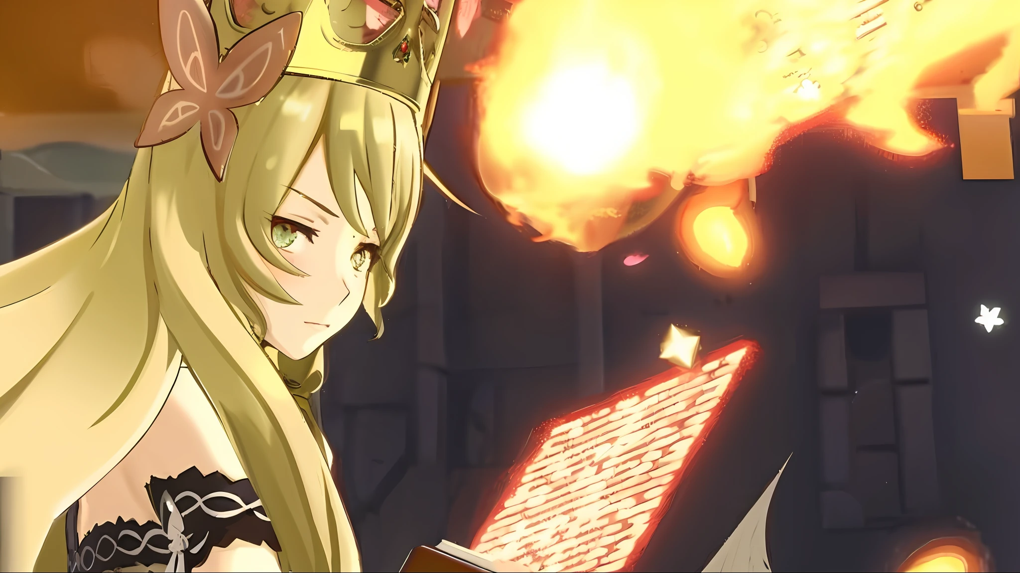 anime girl with a crown holding a book in front of a fire, ayaka genshin impact, ayaka game genshin impact, screenshot from black clover, edelgard fire emblem, genshin impact character, holy flame crown spell, appears as the fire goddess, video game genshin impact, the sorceress casting a fireball, the godess hera looking angry, celine from fire emblem engage