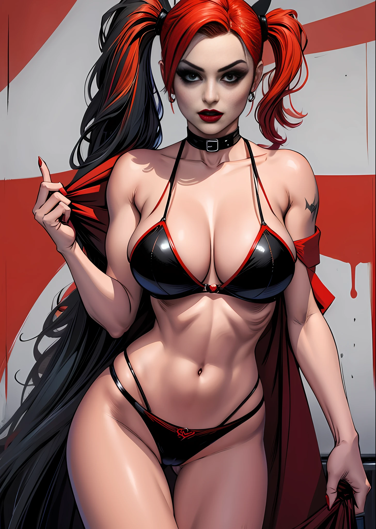Harley Quinn as a mistress huge breast, big breast, wearing a black and red bikini