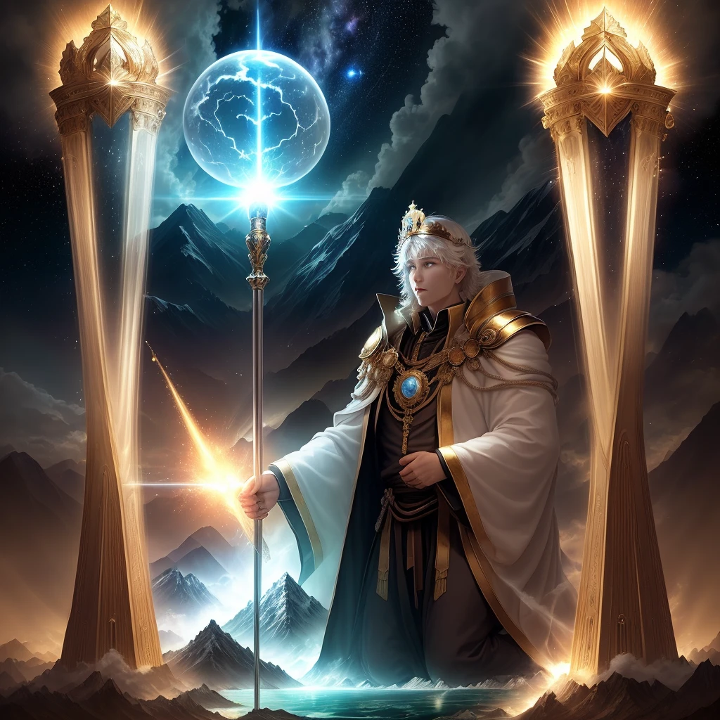Magnificent, super wide angle, phantom god, holy light, realistic, magnificent, between heaven and earth, overlooking the earth, crown, scepter, revered, huge, god, king of gods, shining eyes, charged with electricity, stormed Surrounded, people kneel down, short hair, strong, mountains and rivers, stars