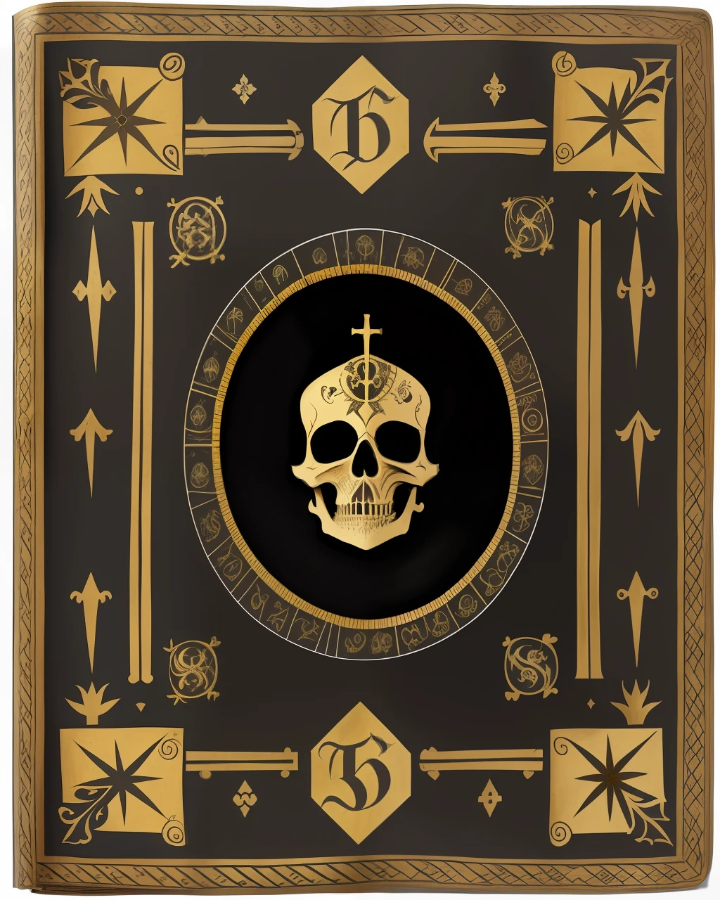 the front cover of an ancient medieval English codex, black and grey and gold leather, gold text, gold lettering, skeleton illustrations, death illustrations, small magical symbols, view from above, centred, extremely high details, scruffy:1.5, rough1:5, stained:1.5, bright natural colours:1.0