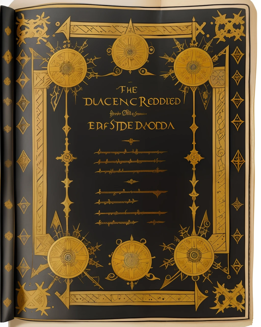 the front cover of an ancient medieval English codex, black and grey and gold leather, gold text, gold lettering, skeleton illustrations, death illustrations, small magical symbols, view from above, centred, extremely high details, scruffy:1.5, rough1:5, stained:1.5, bright natural colours:1.0