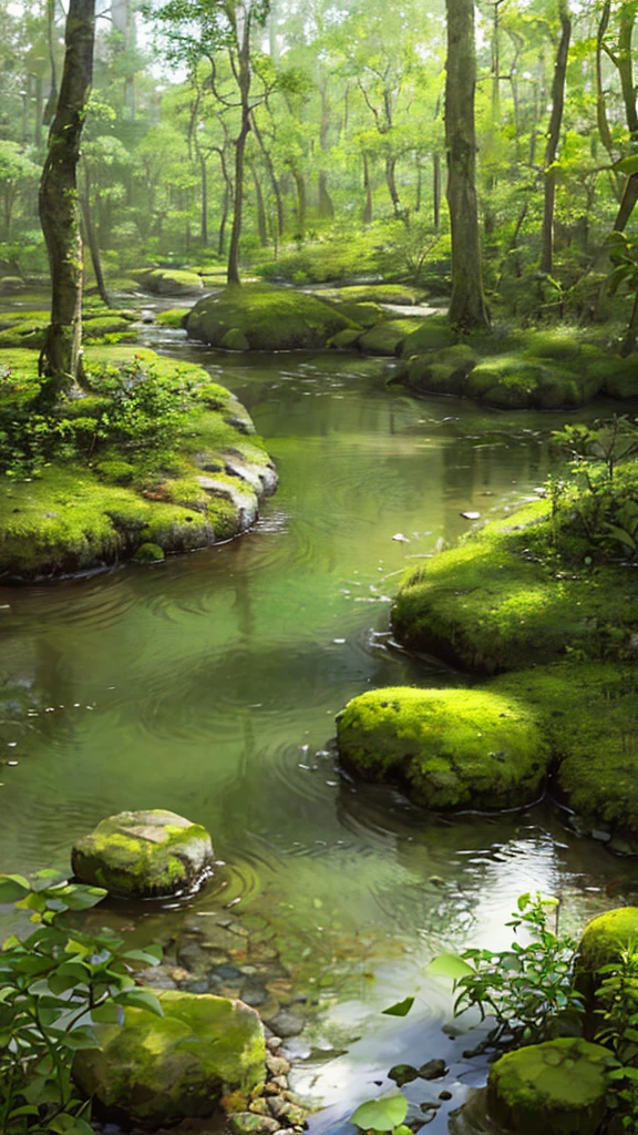 (Best quality)), (no photos of people), in the forest, frogs, quiet ponds, lots of wildflowers, creeks, stones, moss,