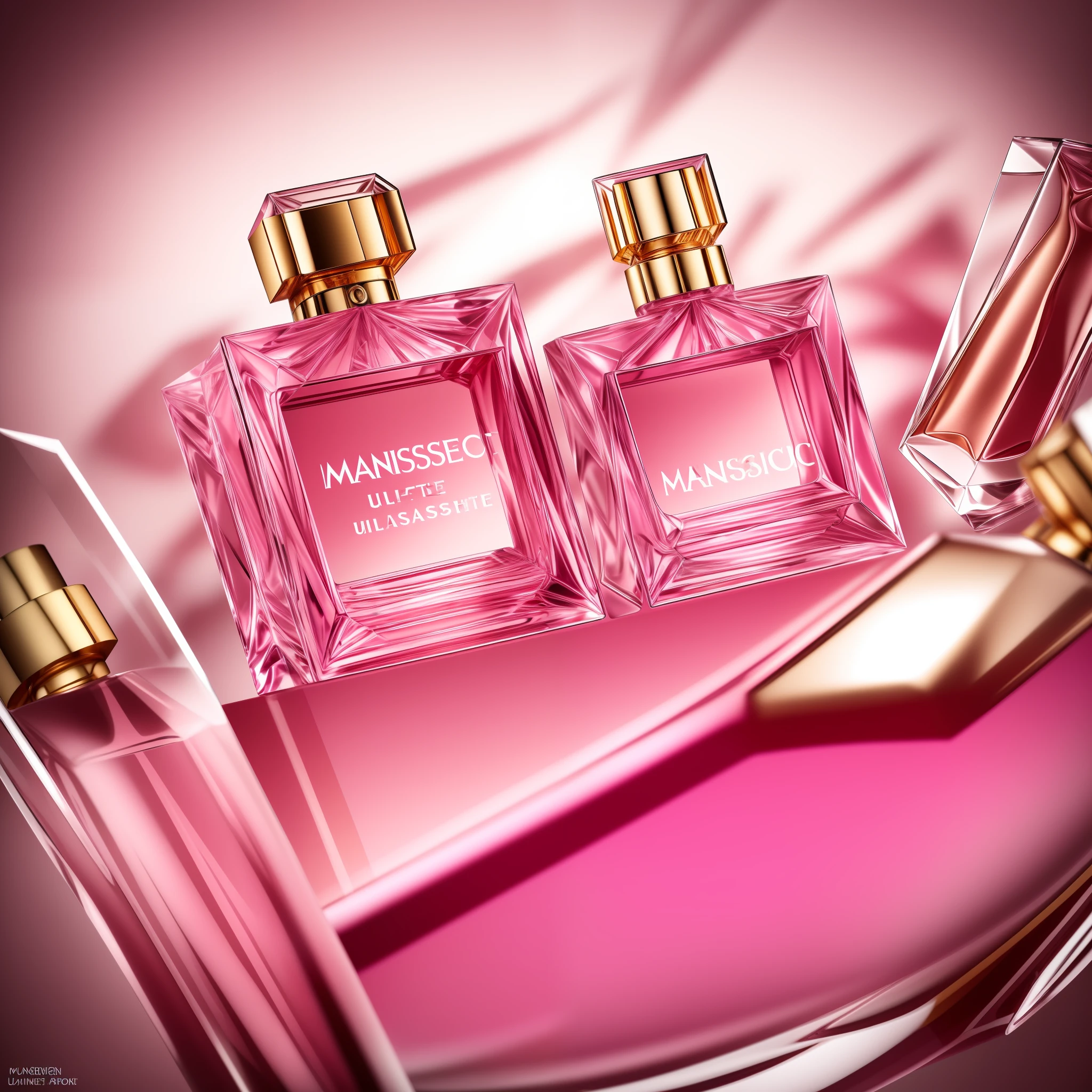 (Masterpiece: 1.2, Ultimate), (Real Shot, Finely Crafted, Depth of Field), (Glass Bottle Perfume), (Perfume: 1.3), Perfume in the center, Lancome perfume, pink liquid in the bottle, black and gold the background