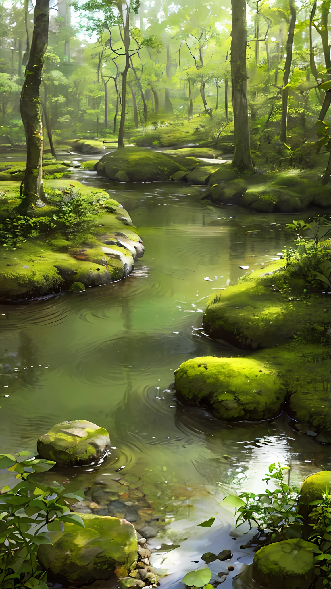 (Best quality)), (no photos of people), in the forest, frogs, quiet ponds, lots of wildflowers, creeks, stones, moss,